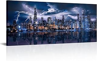 Fochorlo Large Chicago Canvas Wall Art Storm and City Night Picture Prints Skyline Painting Home Decor for Living Room Bedroom