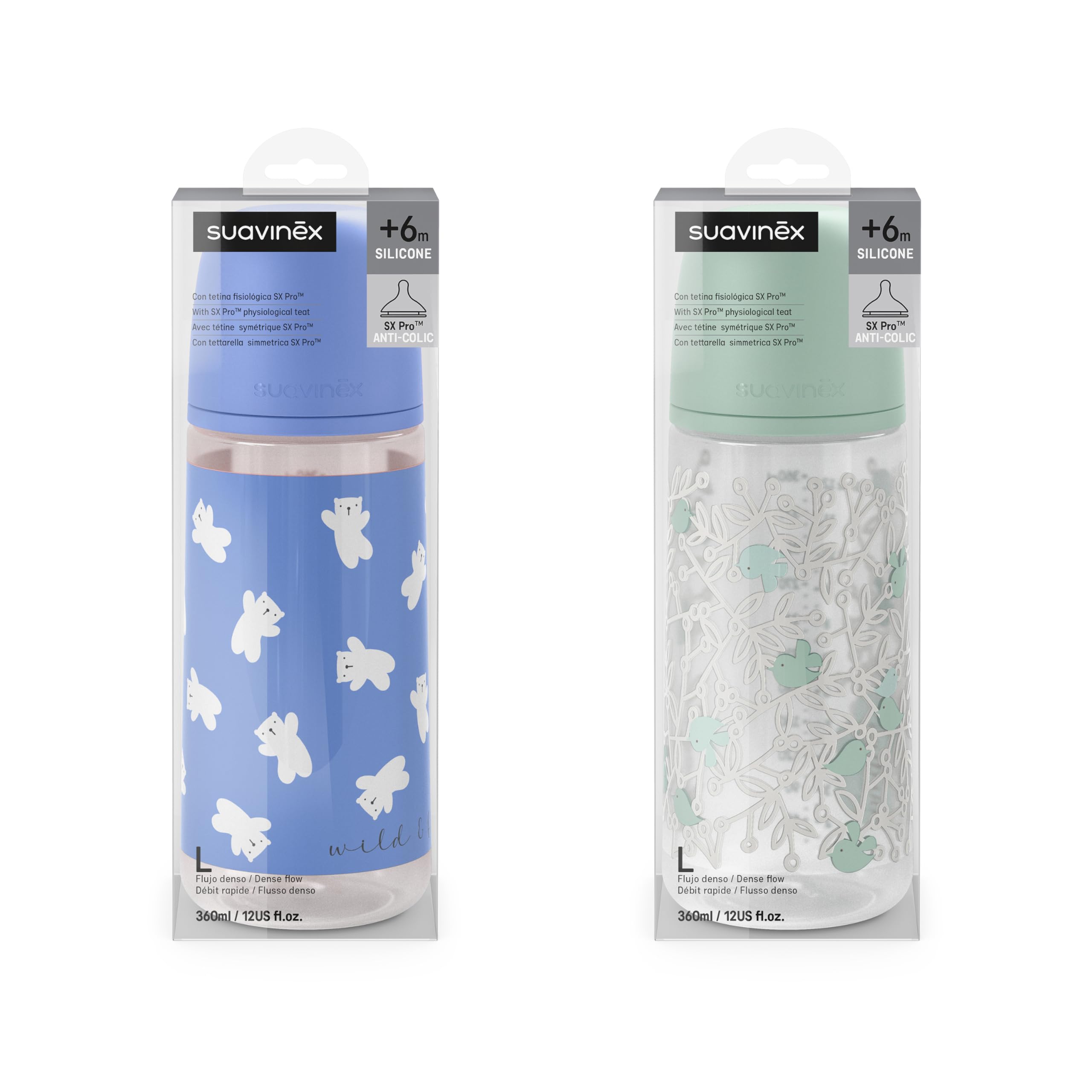 Suavinex, Confezione da 2 Biberon da 360 ml, Tettarella Fisiologica SX Pro in Silicone con Valvola Anticolica, a Flusso Denso (L), Adatto per Pappe Liquide. ​​Neonati +6 Mesi. Birdies e Wild&Free, Blu