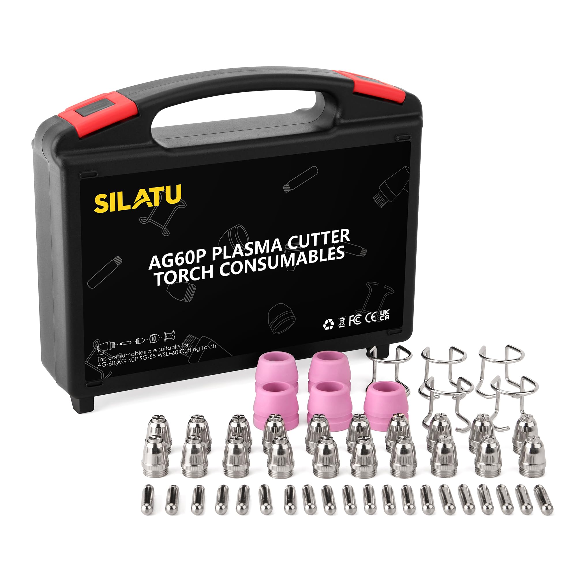 SILATU 50Pcs AG60P Plasma Cutter Torch Consumables, .040'' SG-55 AG-60 WSD-60 Plasma Cutter Torch Accessories for STC750P, STC650P, STC550P, CUT55 Plasma Cutter