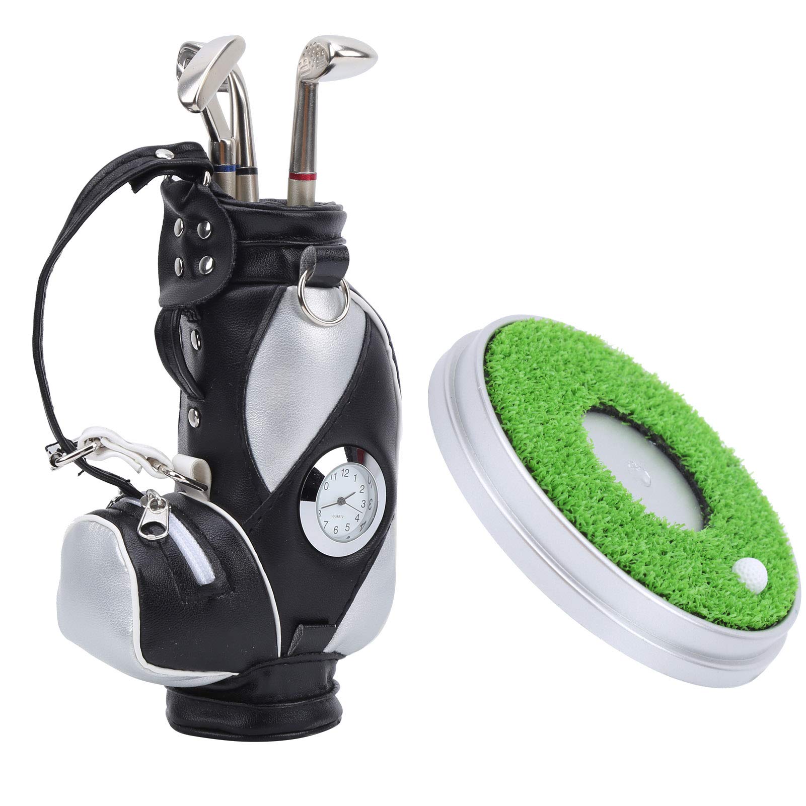 RiToEasysports Golftaschenstifthalter und -Basis, Mini Desktop Golftaschenstifthalter Miniaturmodell Dekoration Neuheit Geschenkset,Golf Stifte Geschenkset(Schwarzes Silber)