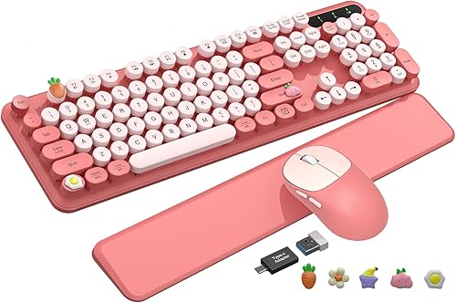 Miniatura 14 de Combo de teclado y mouse inalámbricos - Bonito teclado de máquina de escribir con reposamuñecas desmontable, teclas redondas retro, patas plegables,