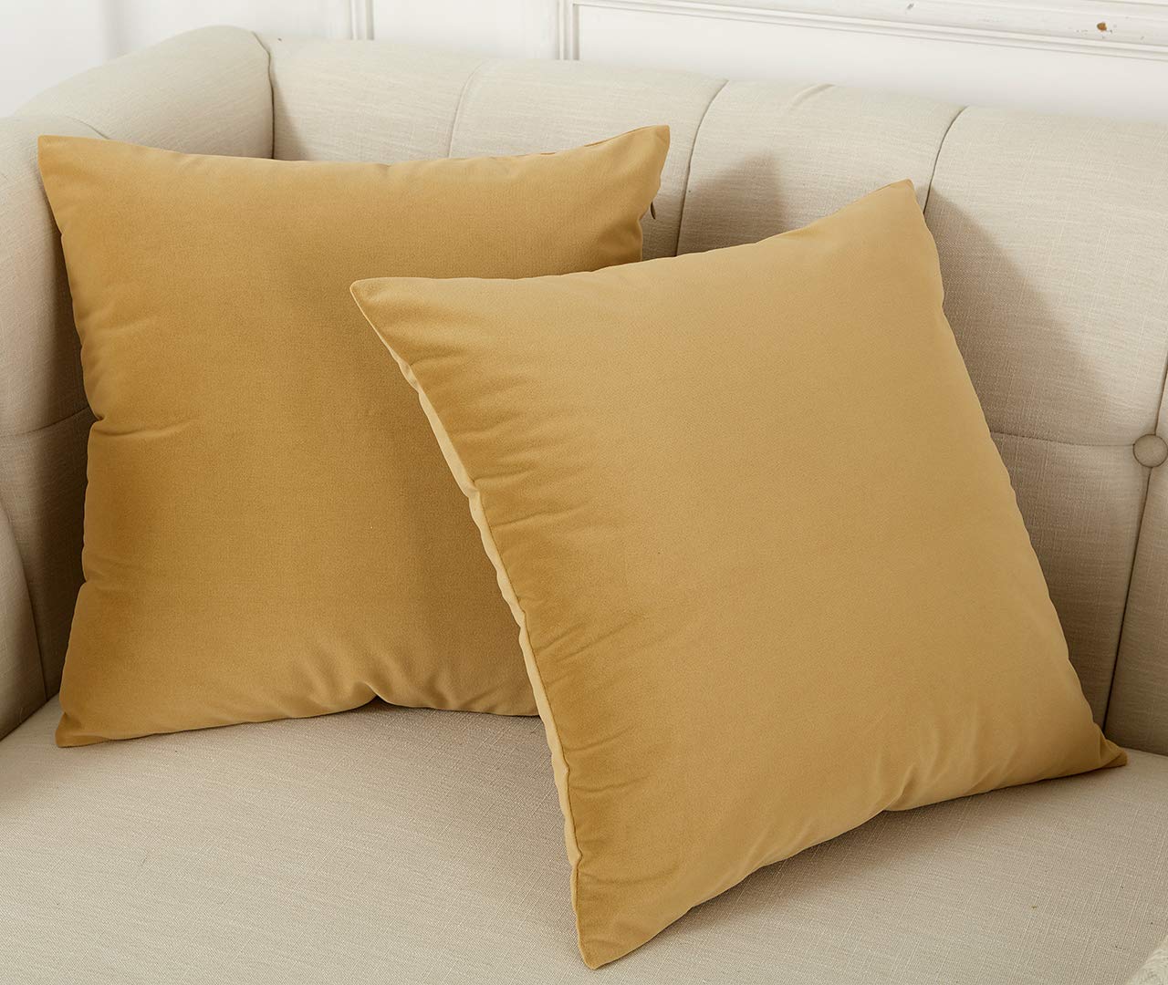 Velvet Throw Pillow Covers Solid Color Decorative Square Soft Cushion Cases for Sofa Car 18x18 Inch Set of 2 Khaki