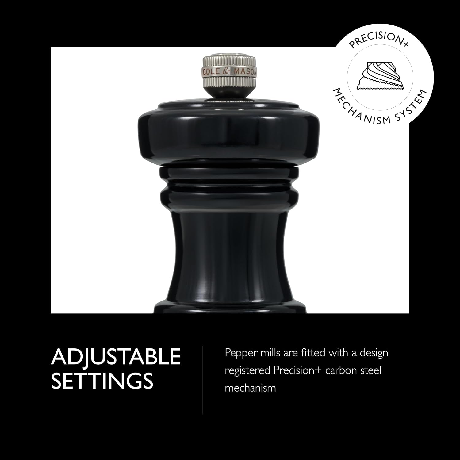 Cole & Mason Hoxton Mill - Table Black Pepper Grinder - Refillable Peppercorn Grinder - Kitchen & Home Accessory - Pepper Mill with Carbon Steel Mechanism - 4'', Black Gloss image 4