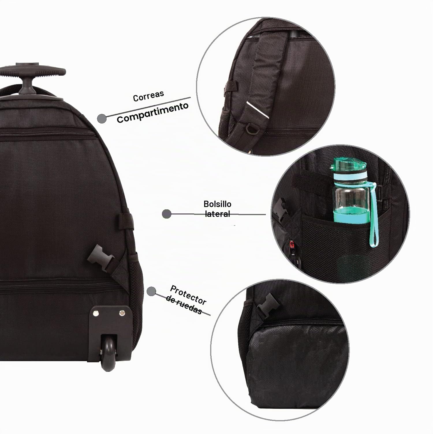 Adventure Bags - Mochila con ruedas 2 en 1, compartimento principal grande, compartimento para portátil, nailon impermeable, 2 ruedas de goma, Negro, 55 cm x 36 cm x 55 cm