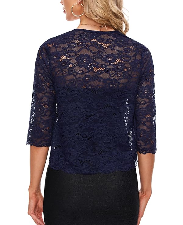 3/4 Sleeve Bolero Shrug Floral Lace Cropped Cardigan, Navy Blue,XL by MINTLIMIT - Used condition - Image 6