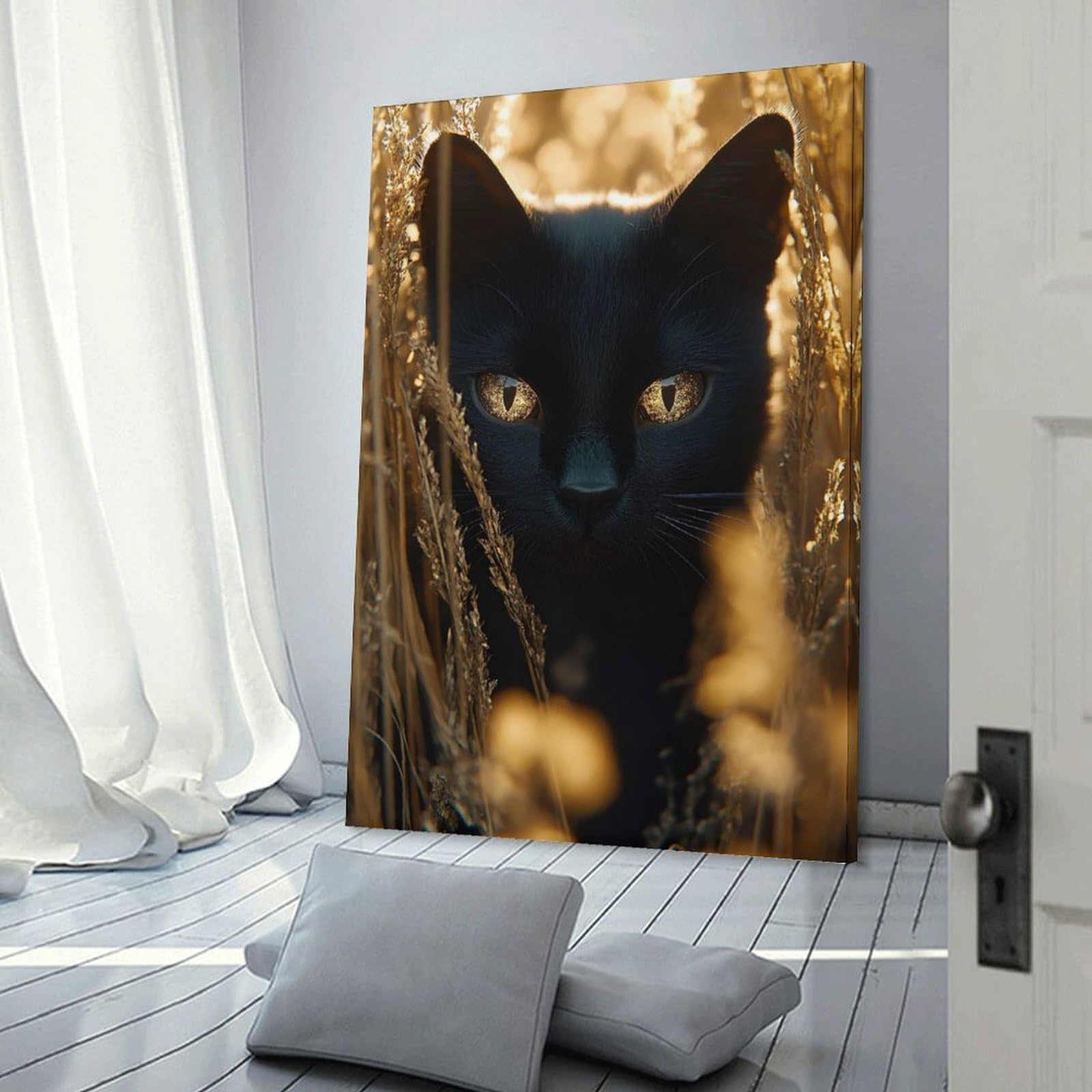 Junmoney Black Cat in Golden Field Wall Picture Print 20x30inch(50x75cm), for Corridors, Hallways Or Apartment Entries, Decorative Canvas Styling for Entry Areas