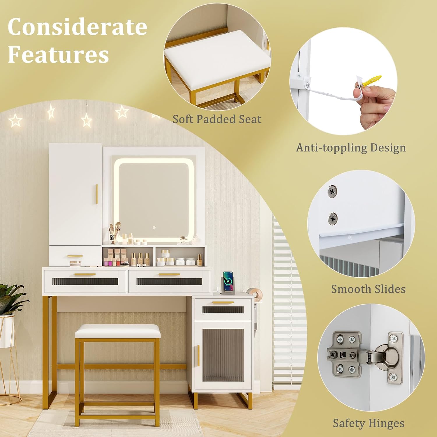 LOKO Modern Vanity Set with Mirror & Lights, Dressing Table and Chair Set with 3 Lighting Modes & Adjustable Brightness, Charging Station & Hair Dryer Holder, Jewelry Cabinet, Vanity Set for Bedroom