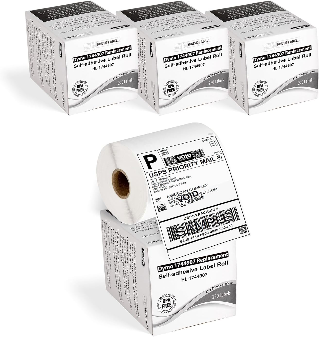HOUSELABELS Compatible DYMO 1744907 Shipping Labels (4" x 6"), Strong Permanent Adhesive, Compatible with DYMO LW 4XL, Rollo & Zebra Desktop Printers, 4 Rolls /880 Labels