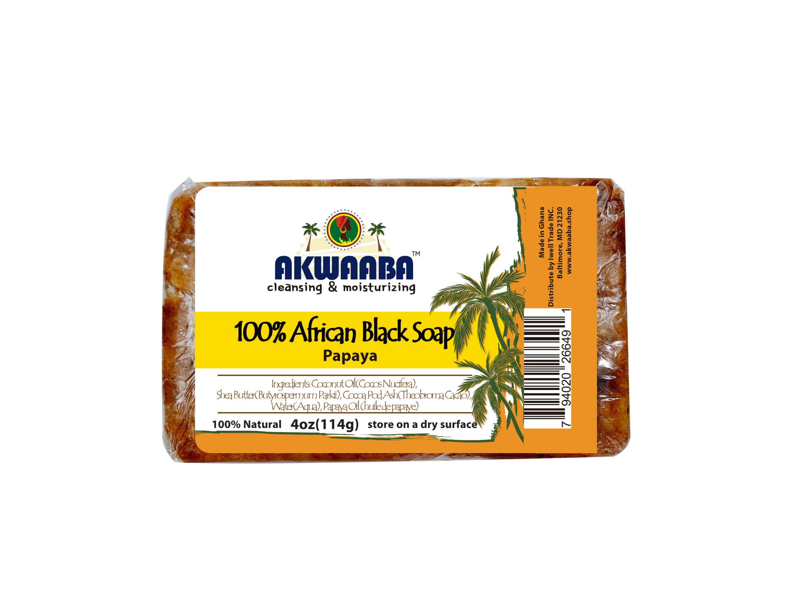 AKWAABA African Black Soap | Papaya | Bar Soap | 4 oz | For Face & Body