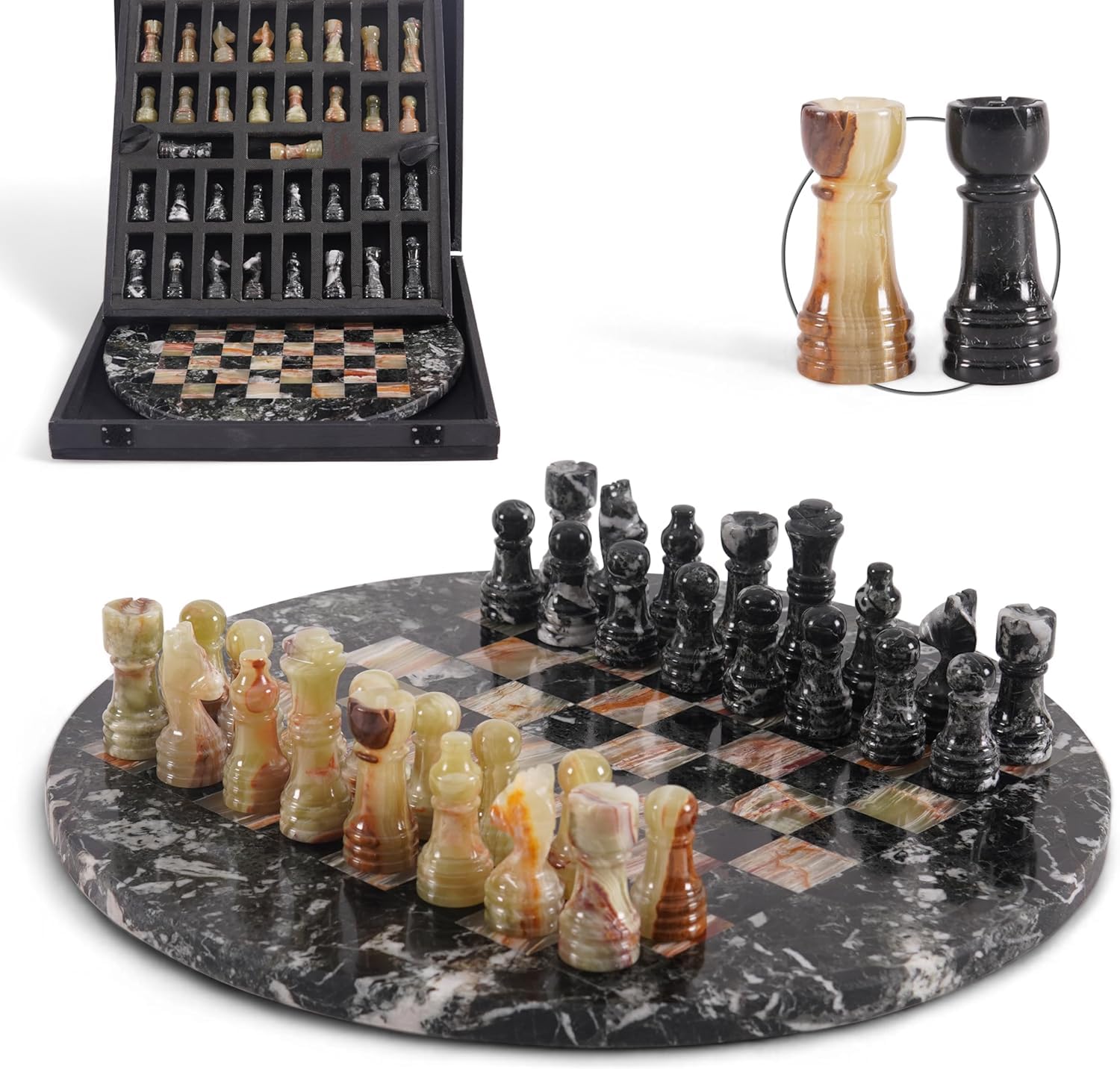 Set di scacchi in marmo per adulti con scatola portaoggetti complementare, giochi da tavolo fatti a mano nero e verde da 30,5 cm per adulti, set di scacchi di alta qualità con regine