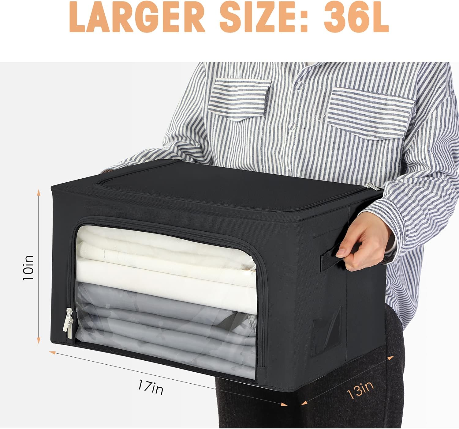 HOUSE AGAIN 3Pcs Clothes Storage Bins, Stackable Storage Bins/Bags/Boxes, Closet Organizers and Storage, Shelf Storage Bins, Metal Frame, Clear Front and Durable Zipper, Bedding, Blankets, Black(36L)