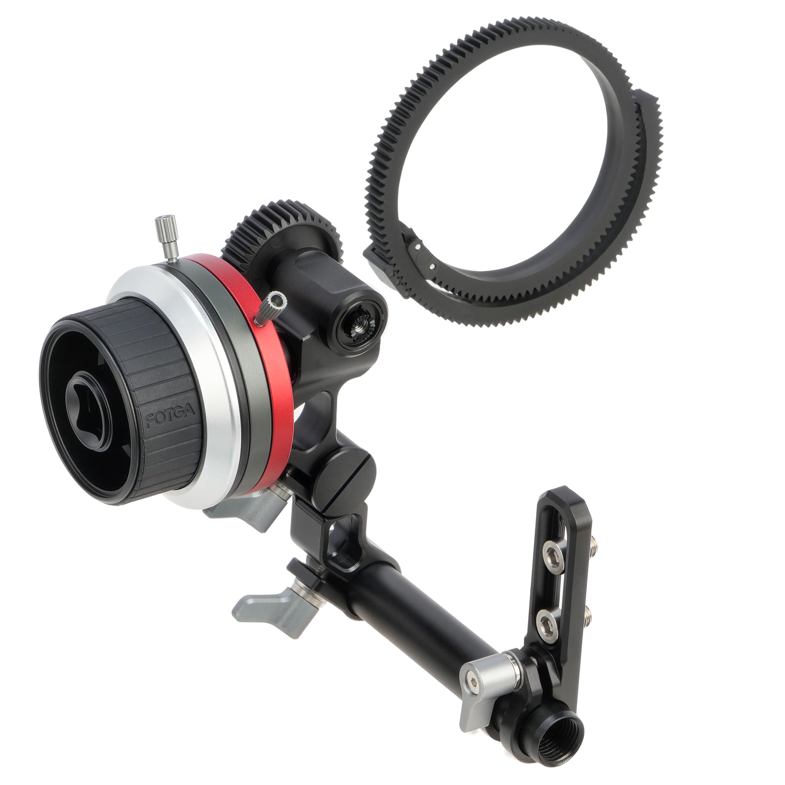 FOTGA Mini Follow Focus avec arrêts A/B et collier de serrage de tige de 15 mm, courroie de transmission et bras d'extension pour appareil photo reflex numérique/appareil photo sans miroir, cage