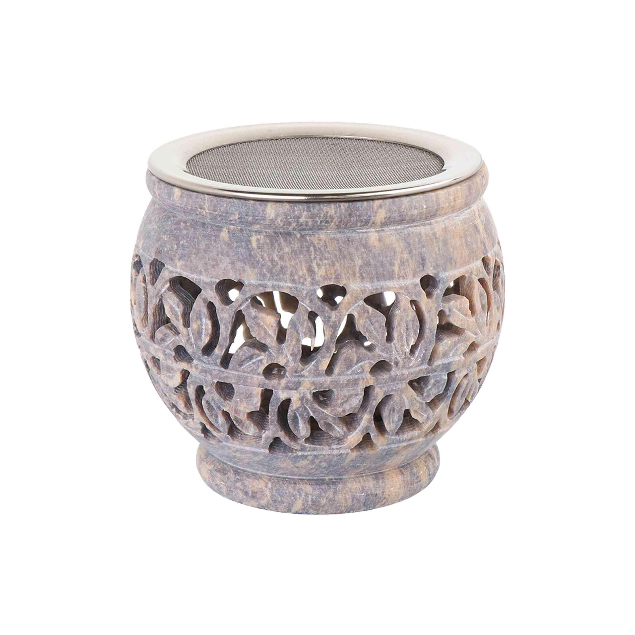 NKlaus Räucherstövchen 9x9cm – rundes Speckstein-Stövchen mit umlaufender Gravur & Räuchersieb, für Harze, Kräuter, Rituale & Meditation 16691