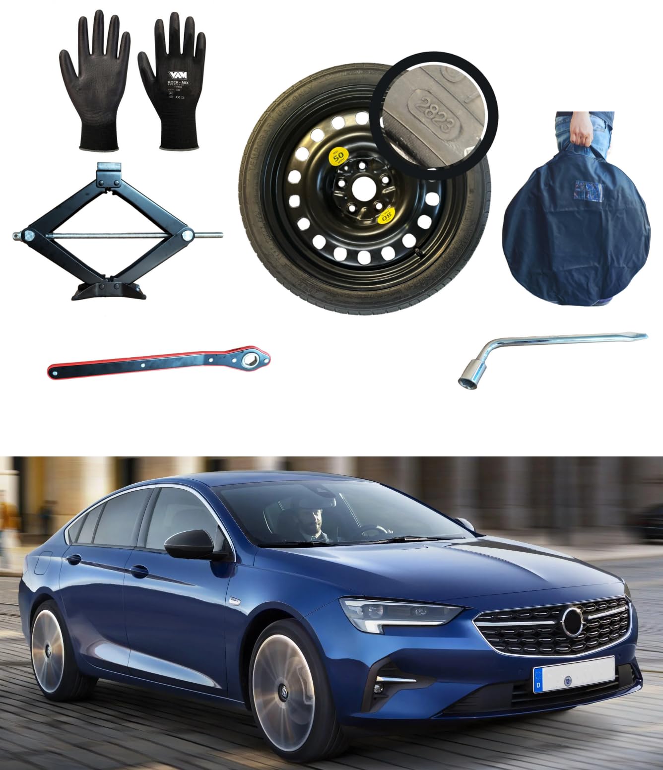 Notrad 17" kompatibel mit Opel Insignia B (06/2017>) mit Wagenheber, Schlüssel, Handschuhe und Tasche
