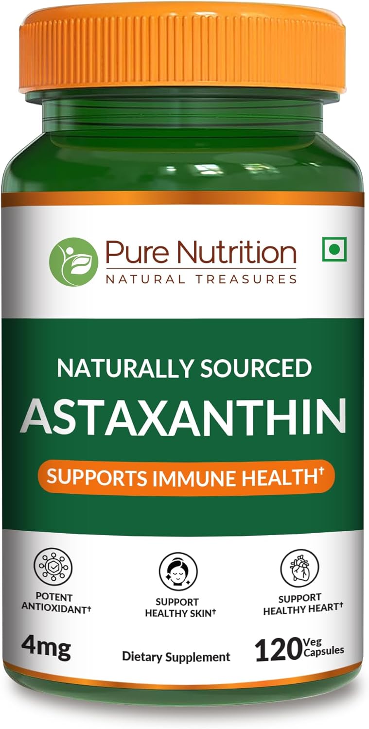 Pure Nutrition Natural Astaxanthin 4 mg | 120 Capsules | Haematococcus pluvialis algal Biomass | Supports Overall Health and Daily Wellness| Plant-Based Formula for Men & Women