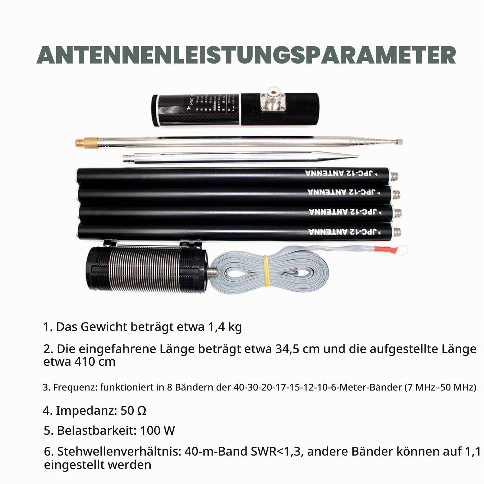 Topteng JPC-12 7MHz-50MHz 100W 8-Band HF Portable Shortwave GP Antenna QRP passend für Ham Radio