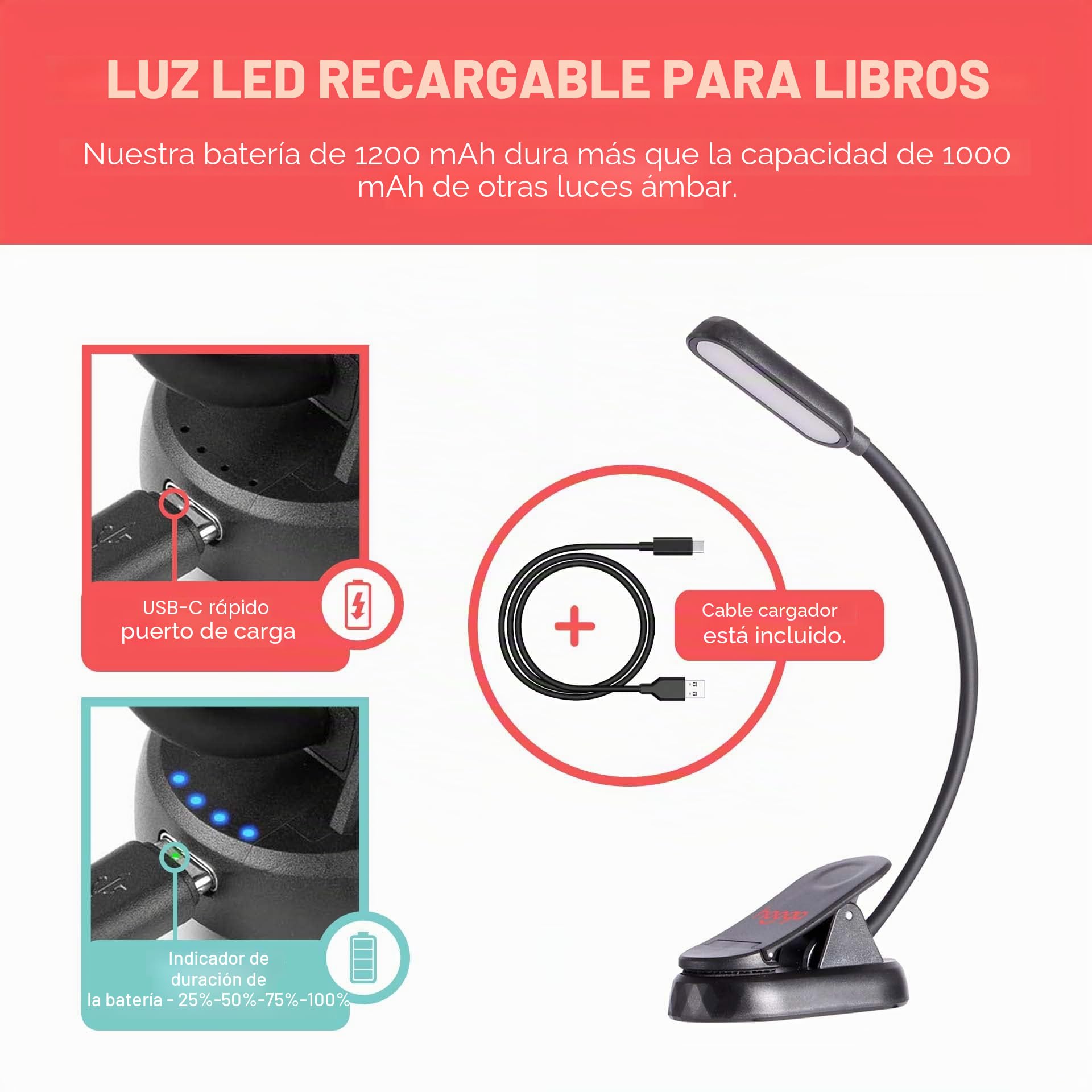 Hooga Luz de libro ámbar, bloqueo de luz azul, recargable modo dual de lectura nocturna, ámbar de 1600 K y rojo de 625 nm para leer en la cama. Regalo para estudiantes, niños