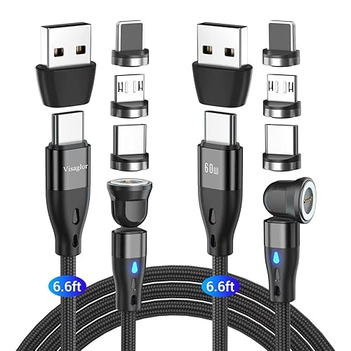 VISAGLOR PD - Cable de carga magnético USB C de 60 W, paquete de 2 unidades, 6.6 pies, carga rápida 3A, transferencia de datos USB CA a USB C, cable