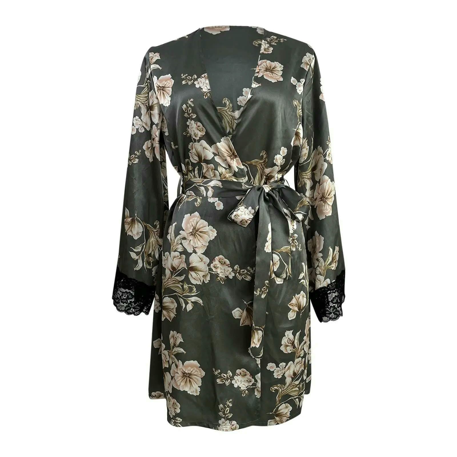 Dressing Gown Women's Satin Nightgown Sexy Lace Patchwork Home Bathrobe Printed Robe With Belt Bridal Party Casual-Gray-M