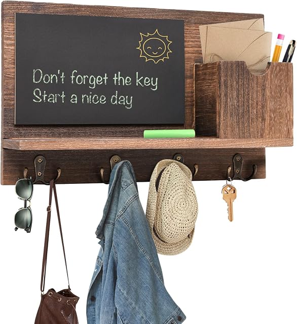 Key Holder for Wall Decorative, Mail Organizer Wall Mount with 4 Double Key Hooks and Message Board, Rustic Wooden Key and Mail Holder for Wall, Home Decor for Entryway, Hallway, Brown