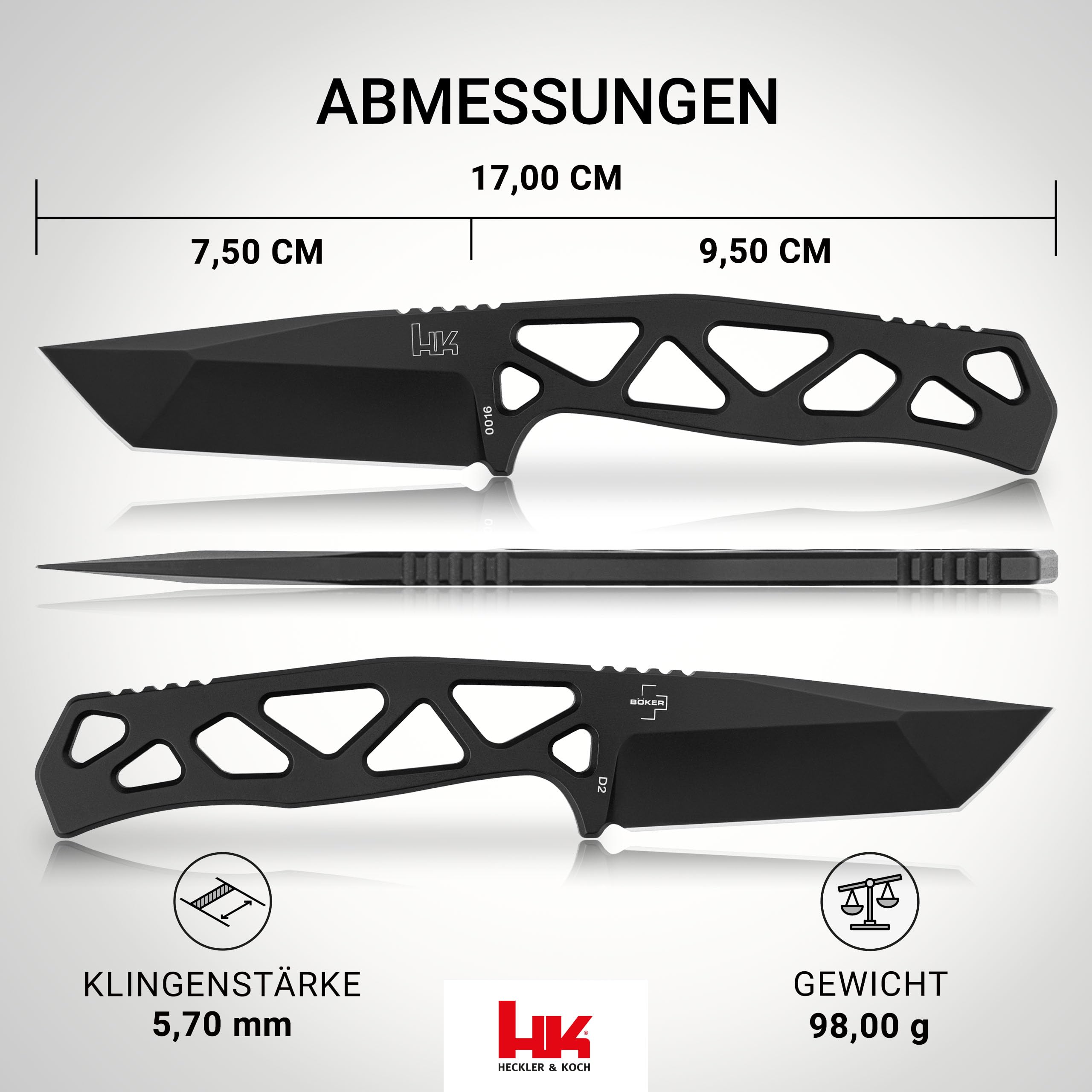 HECKLER & KOCH® FX01 - feststehendes Skelett Messer 42a konform - taktisches Einsatzmesser mit Kydex-Scheide & Gürtel-Clip - EDC Neck Knife mit 7,5 cm Tanto Klinge schwarz - Vollmetall Outdoormesser