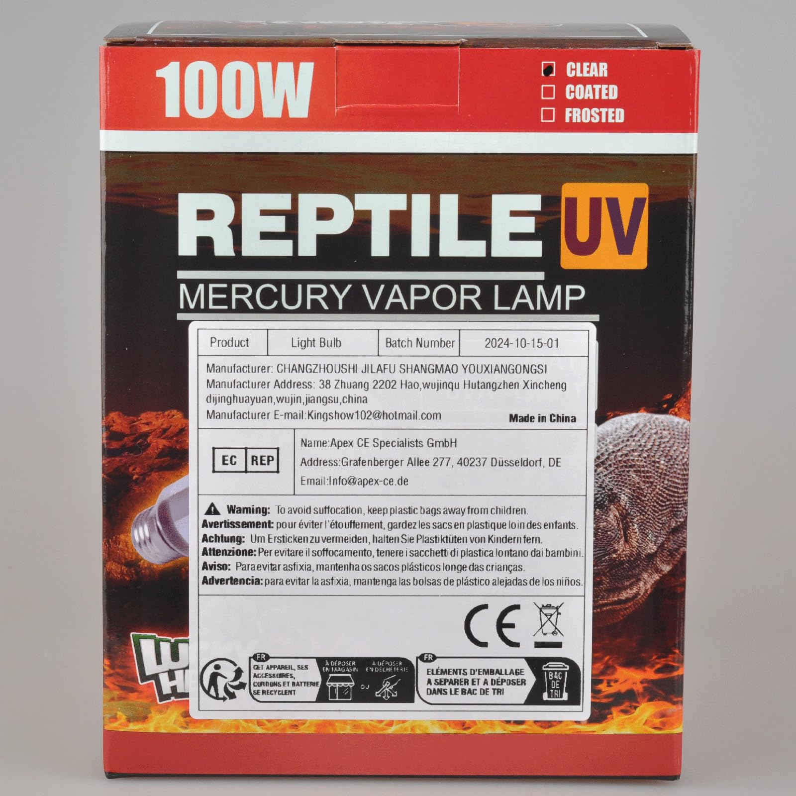 Lucky Herp Ampoule à vapeur de mercure UVA UVB pour reptile, filetage à vis E27, 100 W, 160 W disponible, transparent (100 W)