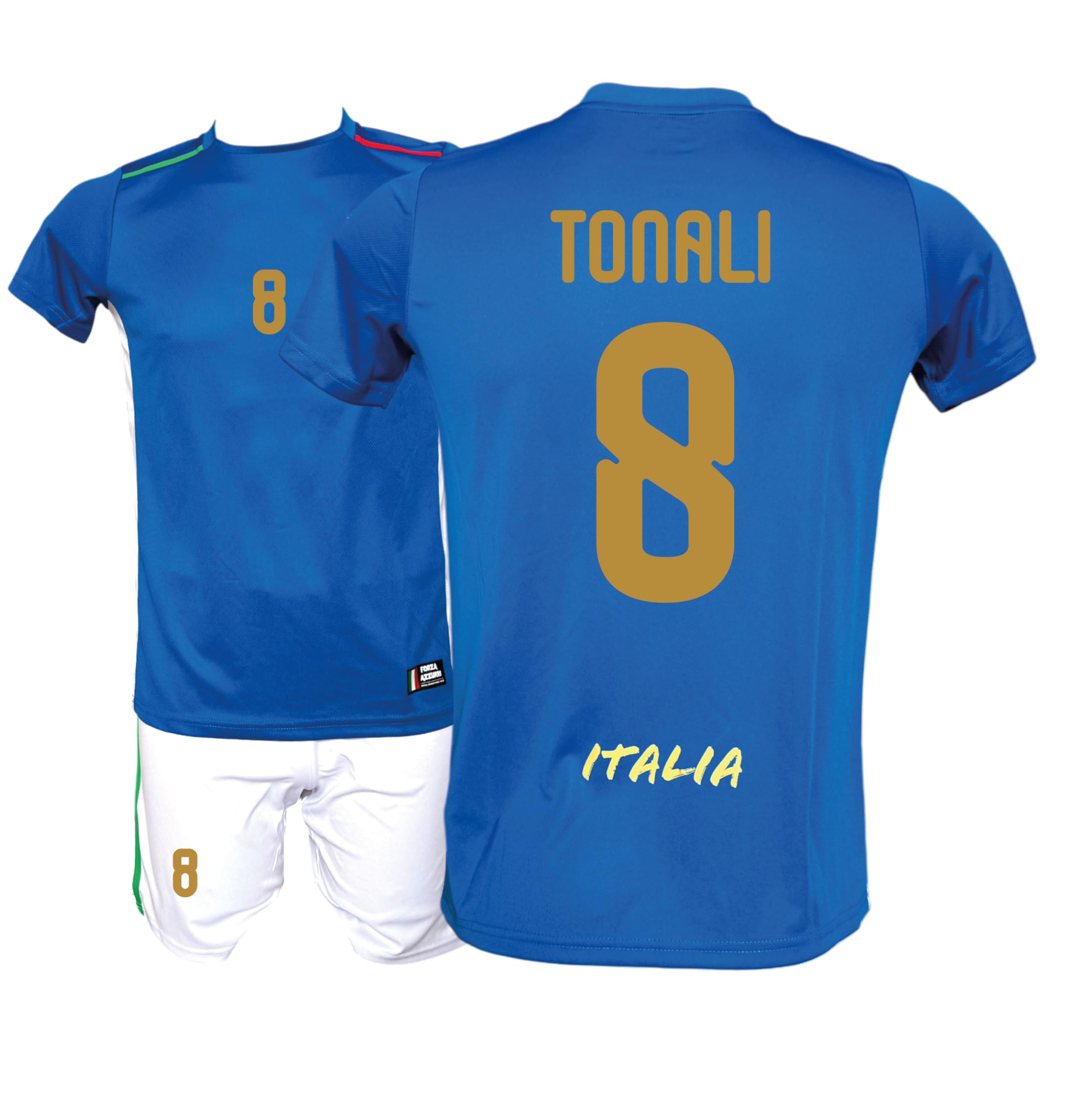 Generico Kit Maglia Italia Calcio Tonali 8 e Pantaloncino, Blu con Stampe in Oro, Replica Maglietta Nazionale Italiana, Taglie da Bambino