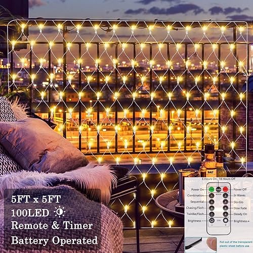 Miniatura 3 de Red de luz de Navidad para exteriores, 100 luces LED de malla de 5 x 5 pies, funciona con pilas, cadena de luces de Navidad conectable, impermeable,