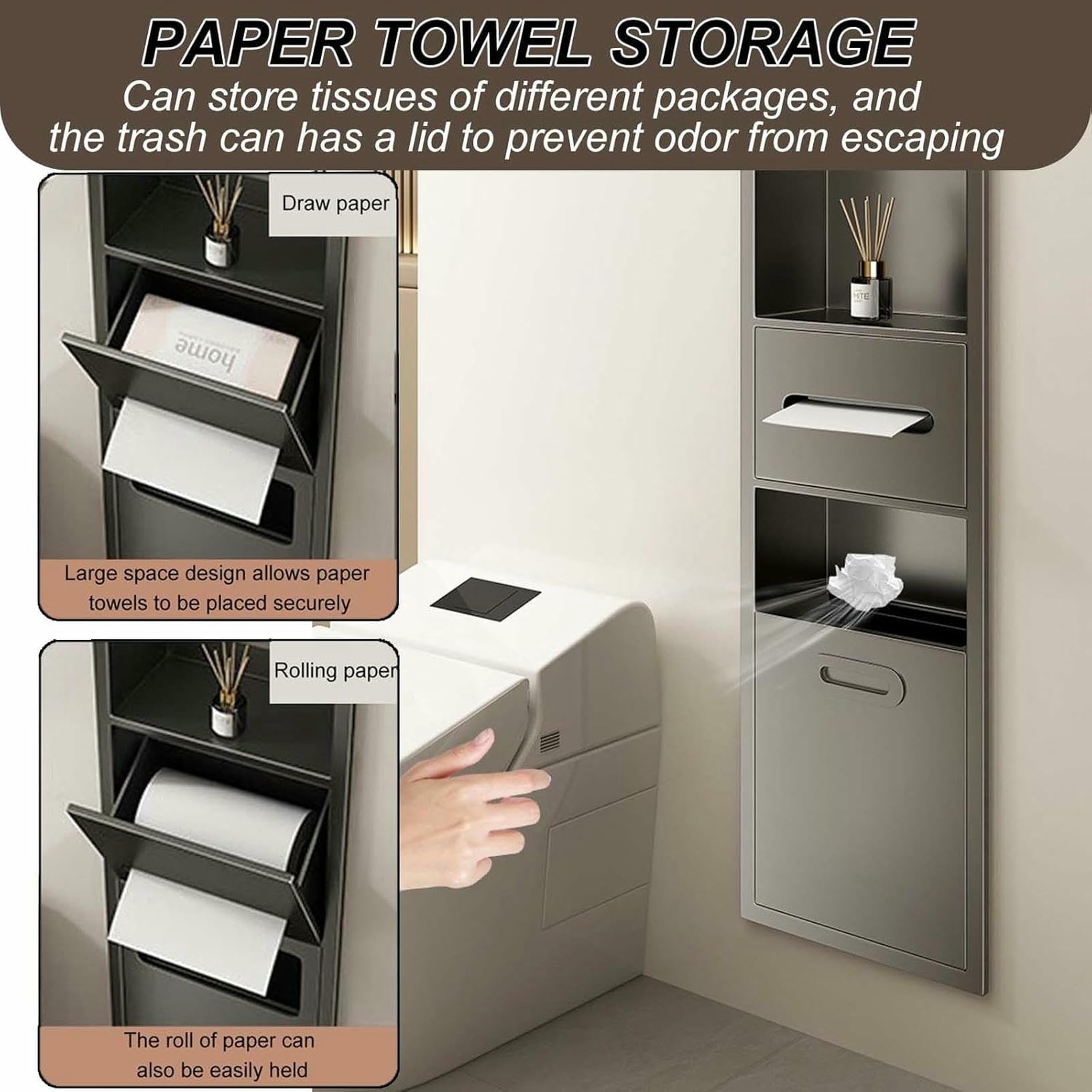 Klappbarer Abfalleimer aus Edelstahl und versenkter Toilettenpapierhalter, platzsparendes Design für Bad und Büro, geeignet für Taschentücher und Toilettenpapierrollen, elegante graue Oberfl