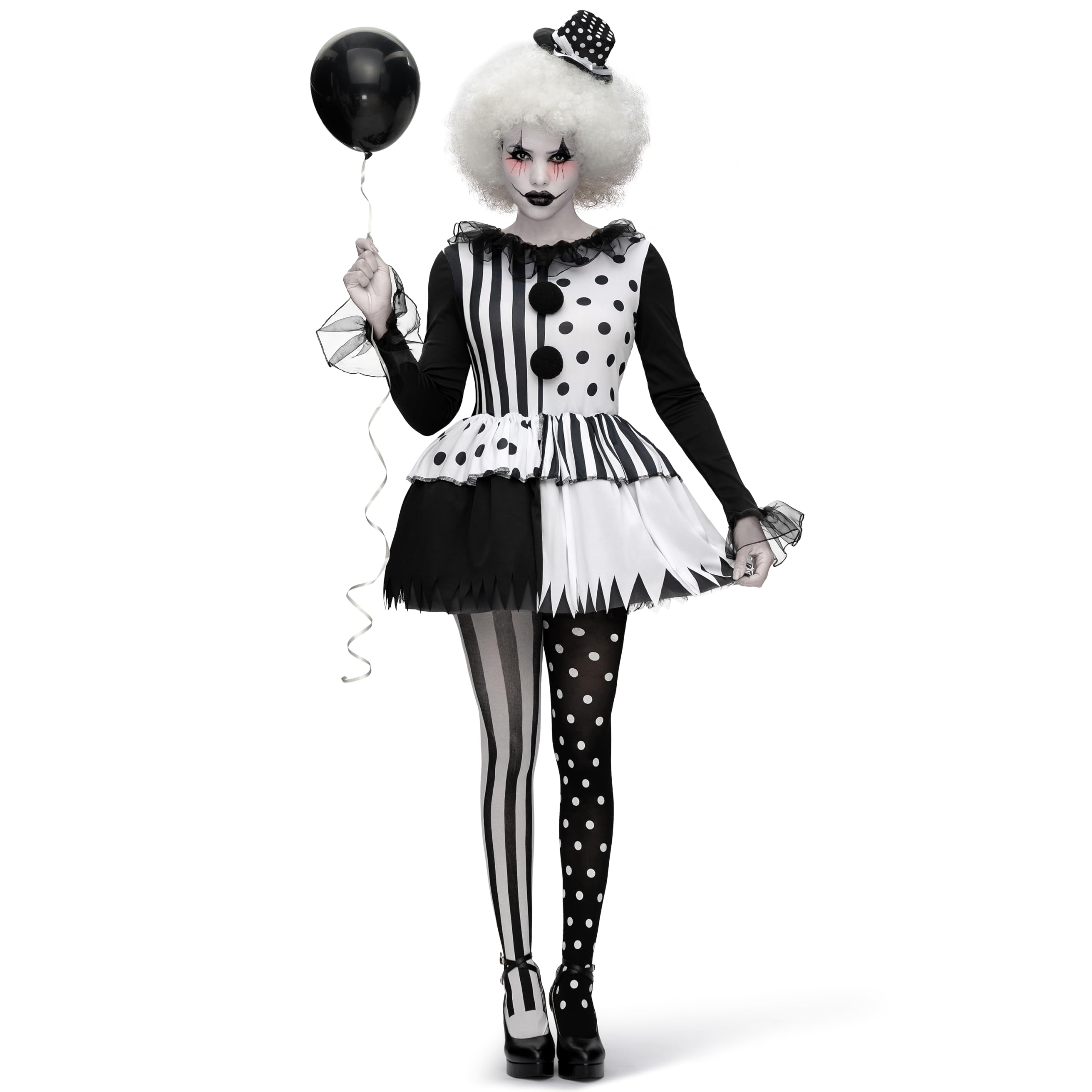 Spooktacular Creations Kostium klauna dla dorosłych kobiet, czarno-biały, na Halloween, kostium przerażający dla dorosłych, cosplay, rozmiar S