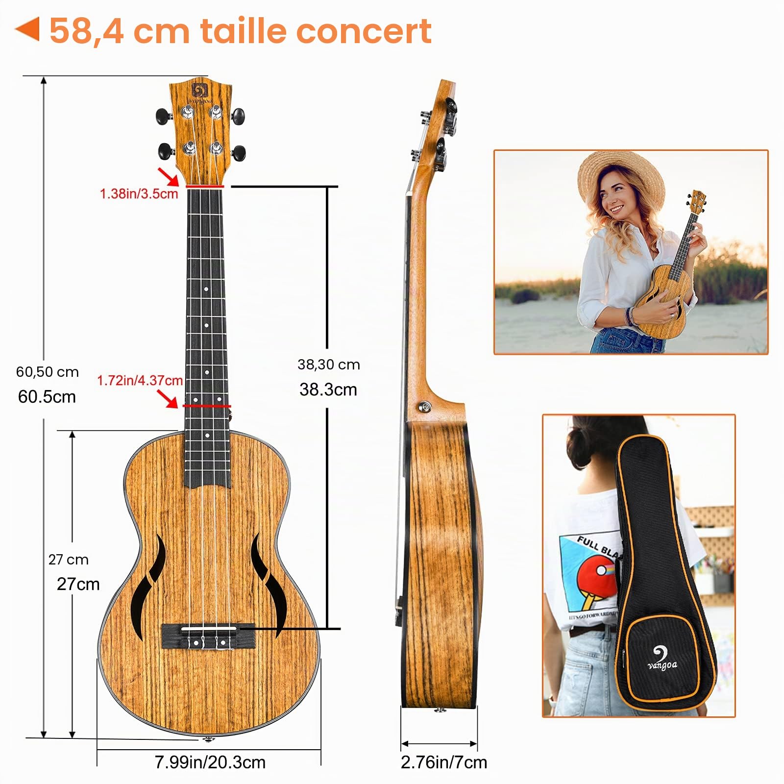 Vangoa 23 pouces Ukulélé de Concert Bois de Noyer Hawaii Ukulélé Acoustique pour Débutants Adultes avec Sac, Naturel
