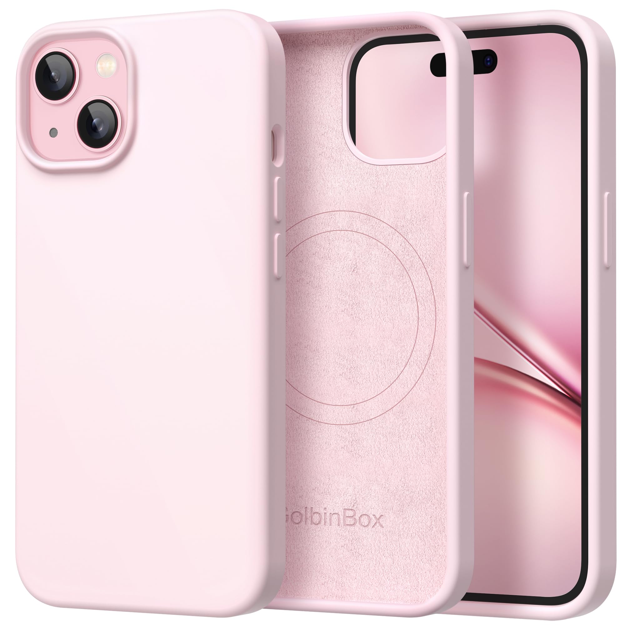 GolbinBox Magnetic for iPhone 15 Case, Silicone Cover, Chalk Pink | Compatible with MagSafe, Soft Touch Feel, Anti-Scratch Microfiber Lining, Slim Shockproof Protective Phone Case 6.1"