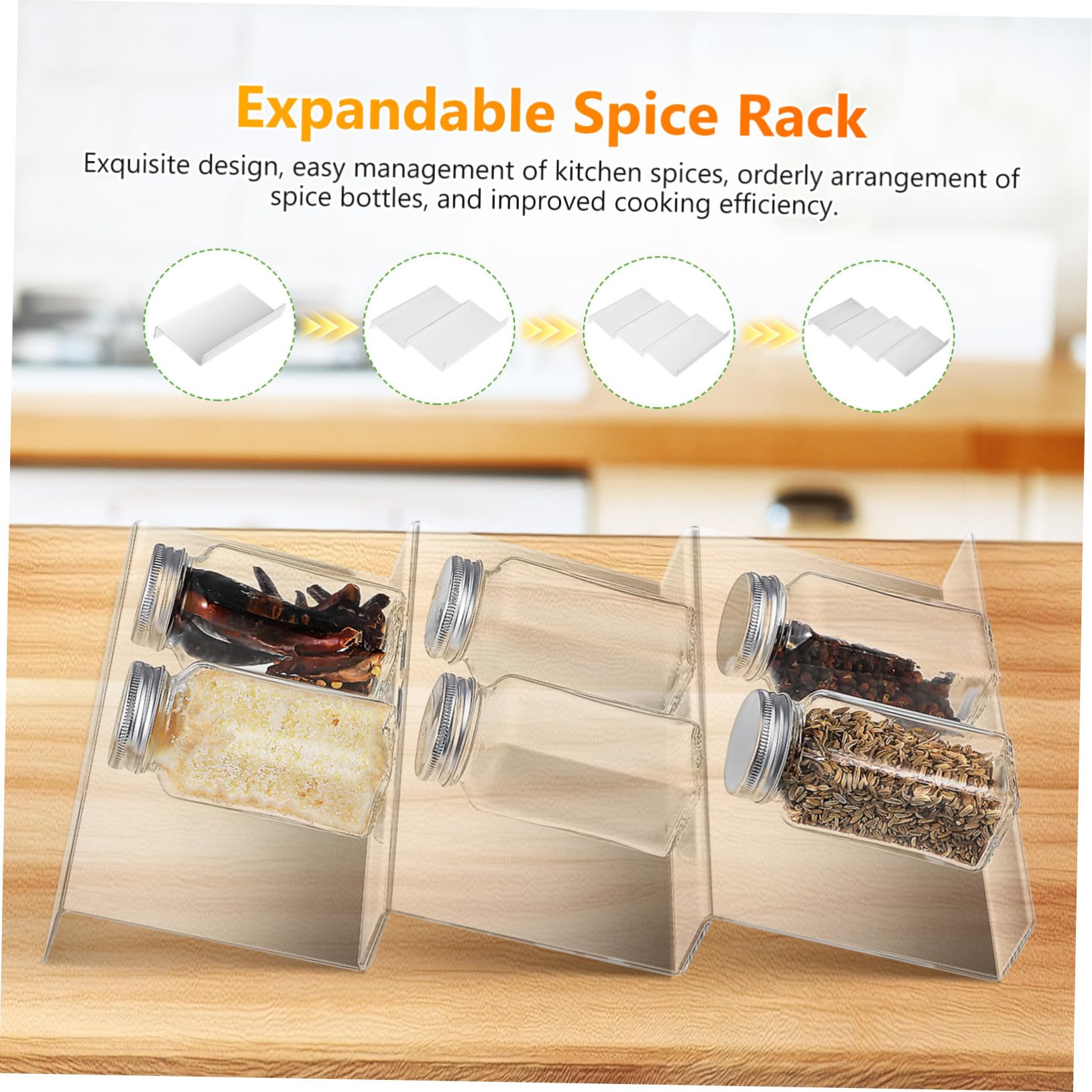 Organizador de Especias para Cajones Acrílico Transparente 4 Piezas Expandible y Ajustable Compatible Encimeras Gabinetes y Tamaños de Cajón Almacenamiento Flexible