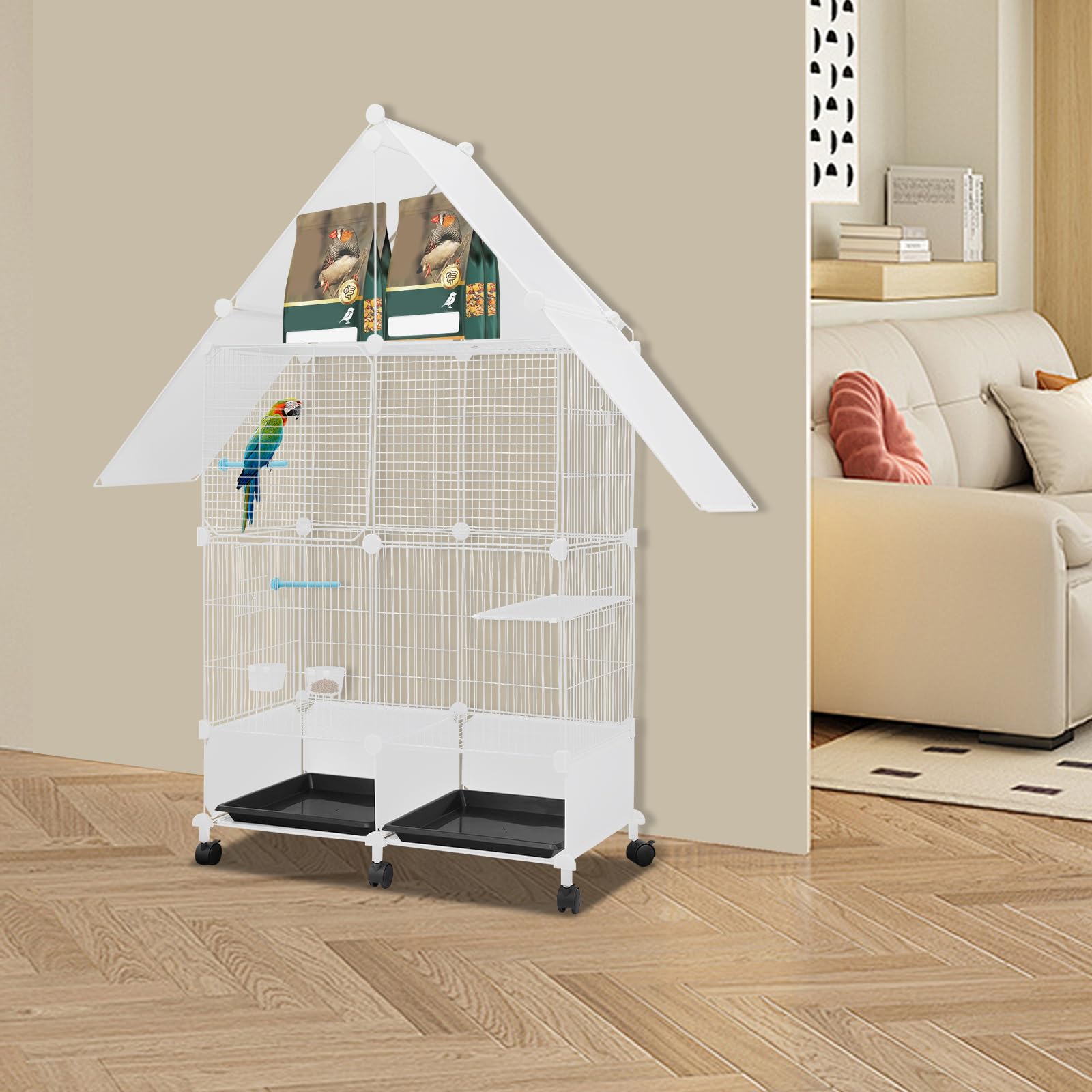 Jaula grande para pájaros con ruedas, jaula para periquitos, juguete con comedero y agua, pequeña puerta antiescape, para cría de aves domésticas en interiores y exteriores (blanco, 2º piso)