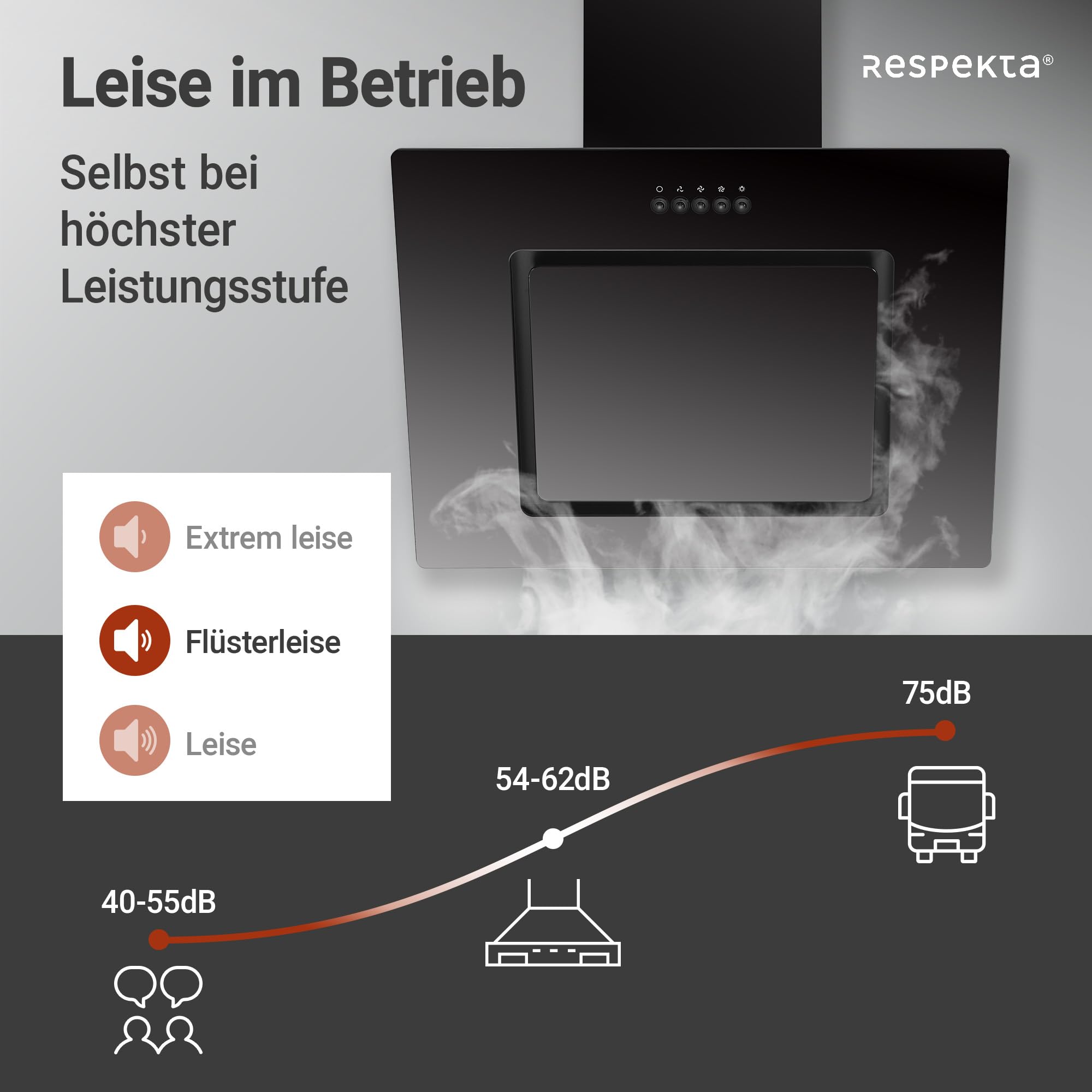 Respekta Dunstabzugshaube 60 cm Metallgehäuse Glasschirm Schwarz Abluft Umluft 54-62 dB