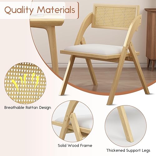 Miniatura 3 de Juego de 2 sillas de comedor plegables color beige, sillas de comedor plegables de madera, modernas sillas de comedor de ratán de cuero de mediados