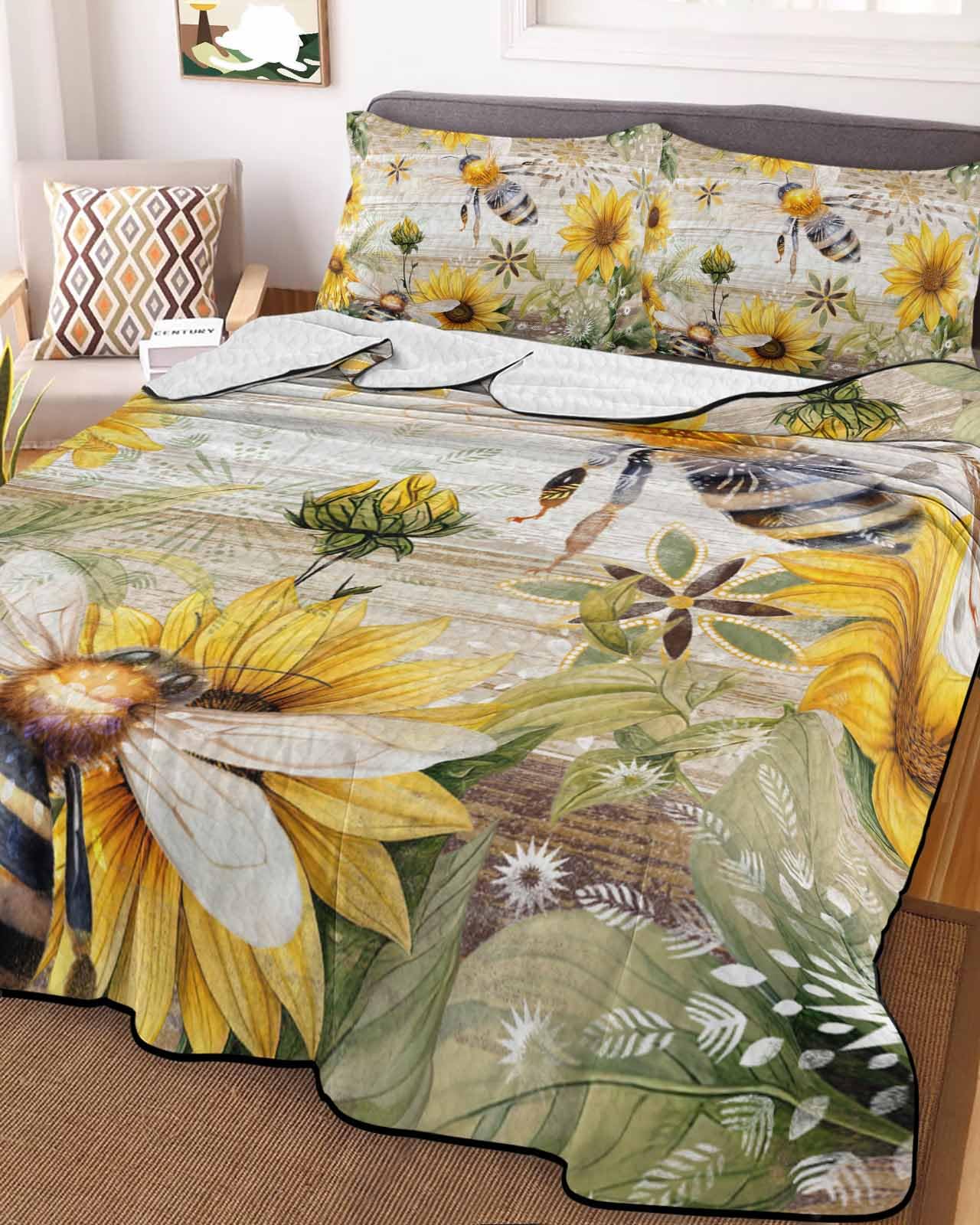LOT BASIC 3-Piece Summer Quilt Twin Size, Sunflower Lightweight Cooling Bedding Comforter Blanket with 2 Pillow Shams, Vintage Summer Bee Botanical Farmhouse Bedspreads Quilted Coverlet Sets 68
