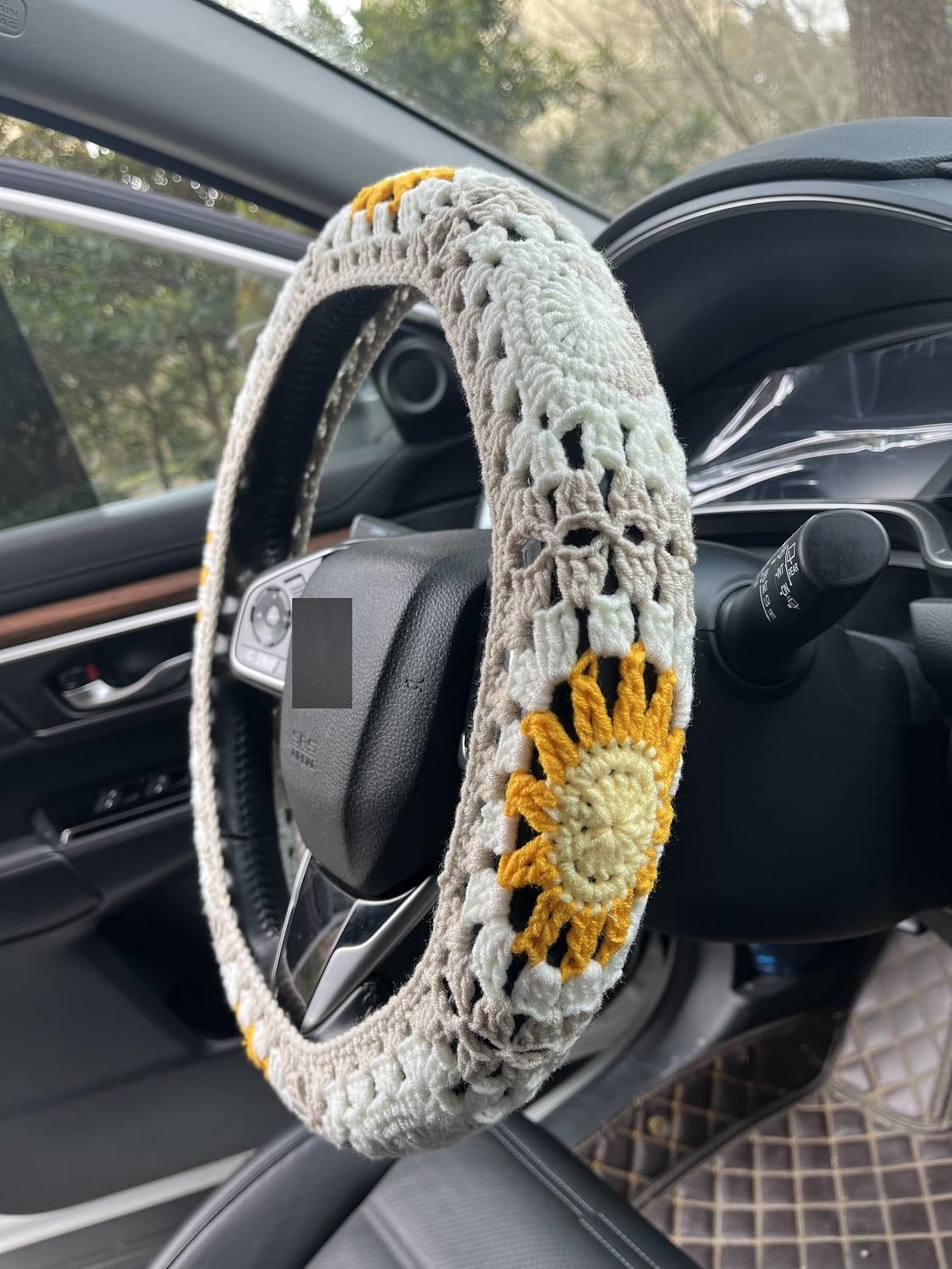Handmade Crochet Sun Moon Car Steering Wheel Covers Universal 14-15 inch,Cute Steering Wheel Cover,Car Accessories (Wheel Cover+2belt Cover+2Coaster+Hanging)