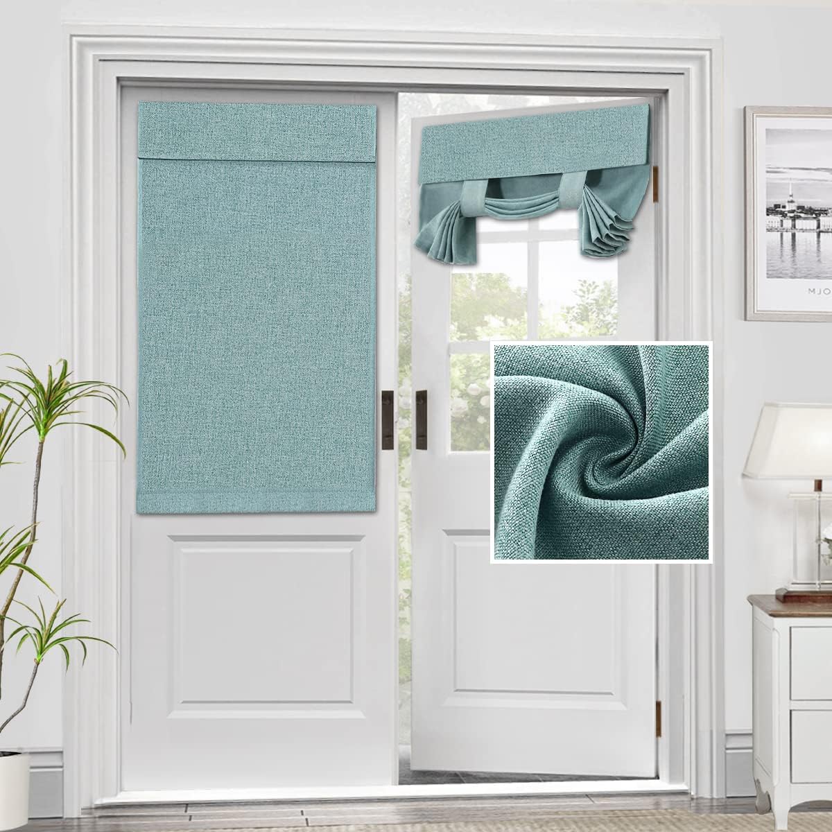 Privacy French Door Curtains, Waterproof Linen Texture Door Window Curtains for Glass Door Tie Up Shade Darkening Curtains for Bedroom Living Room, 1 Panel (Aqua, 26‘’W x 40‘’L)