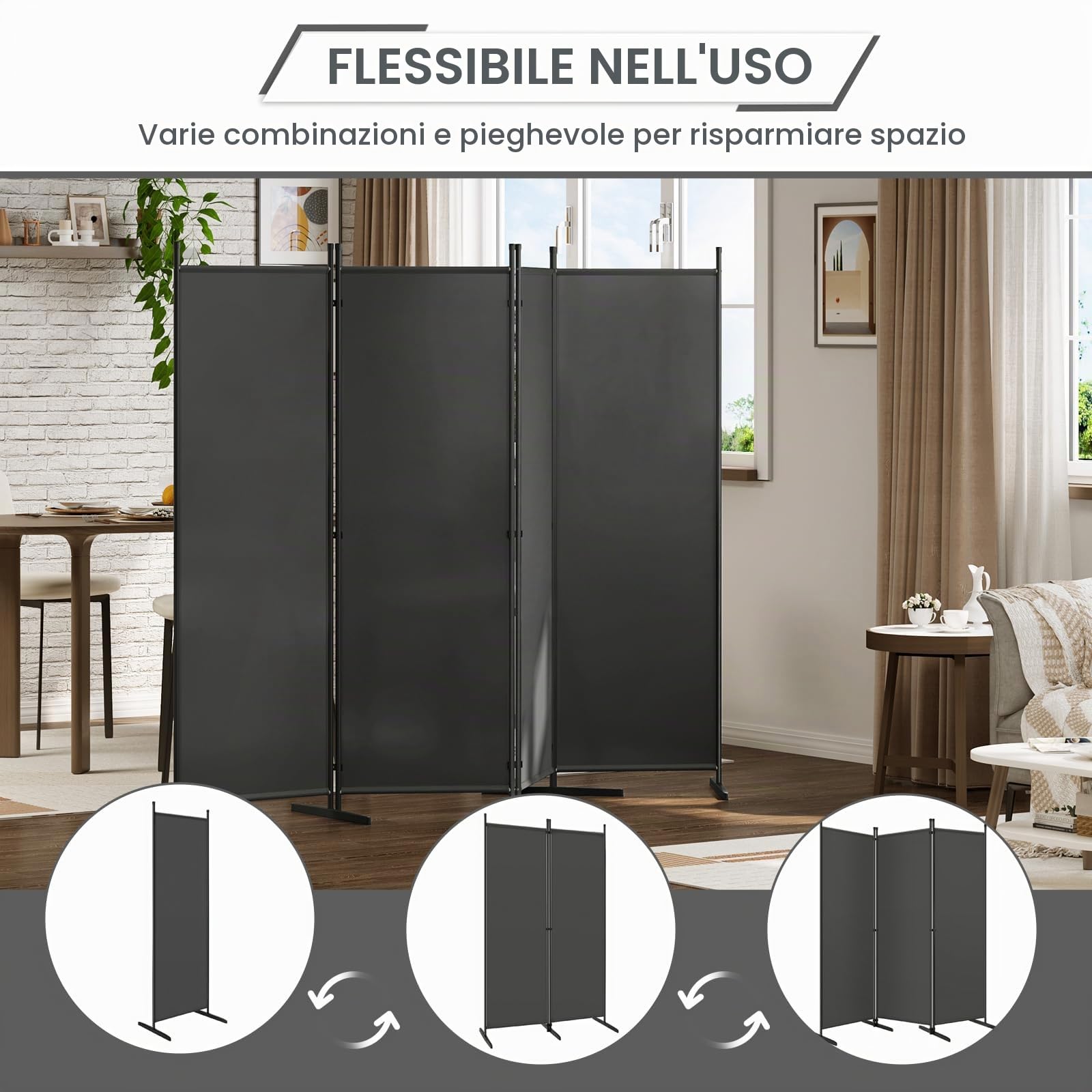 WOLTU Paravento da Interno e da Esterno, Divisorio per Ambienti Pieghevole con 4 Pezzi, Parete Divisoria in Tessuto Poliestere, Protezione Privacy, 223x177cm, Grigio Scuro