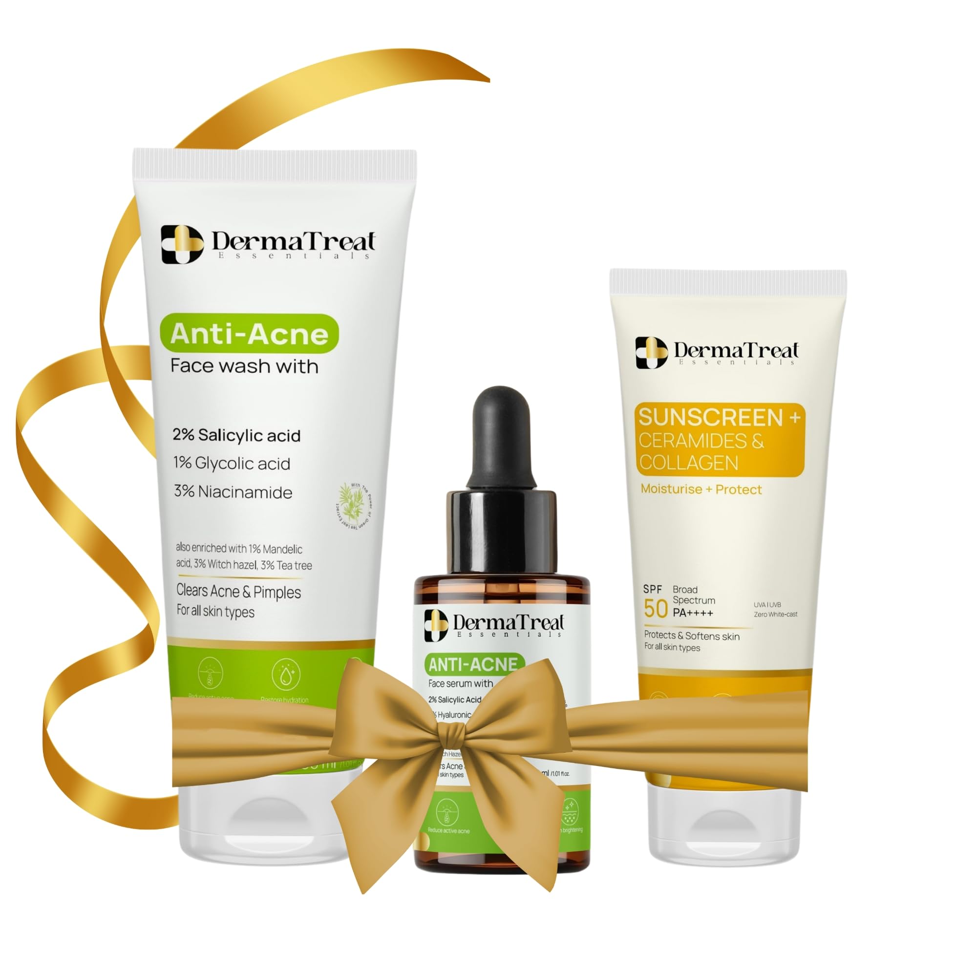 DermaTreat Essentials Anti Acne Complete Routine – Facewash, Serum & Sunscreen for Oily, Acne-Prone Skin | AM to PM Care (Set of 3)