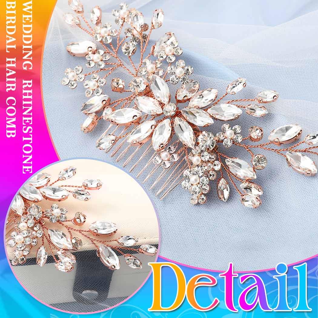 Unsutuo Crystal Bride Wedding Hair Comb Silver Rhinestone Flower Bridal Hair Pieces Pearl Wedding Hair Accessories for Women and Girls… (Rose Gold) - Image 3