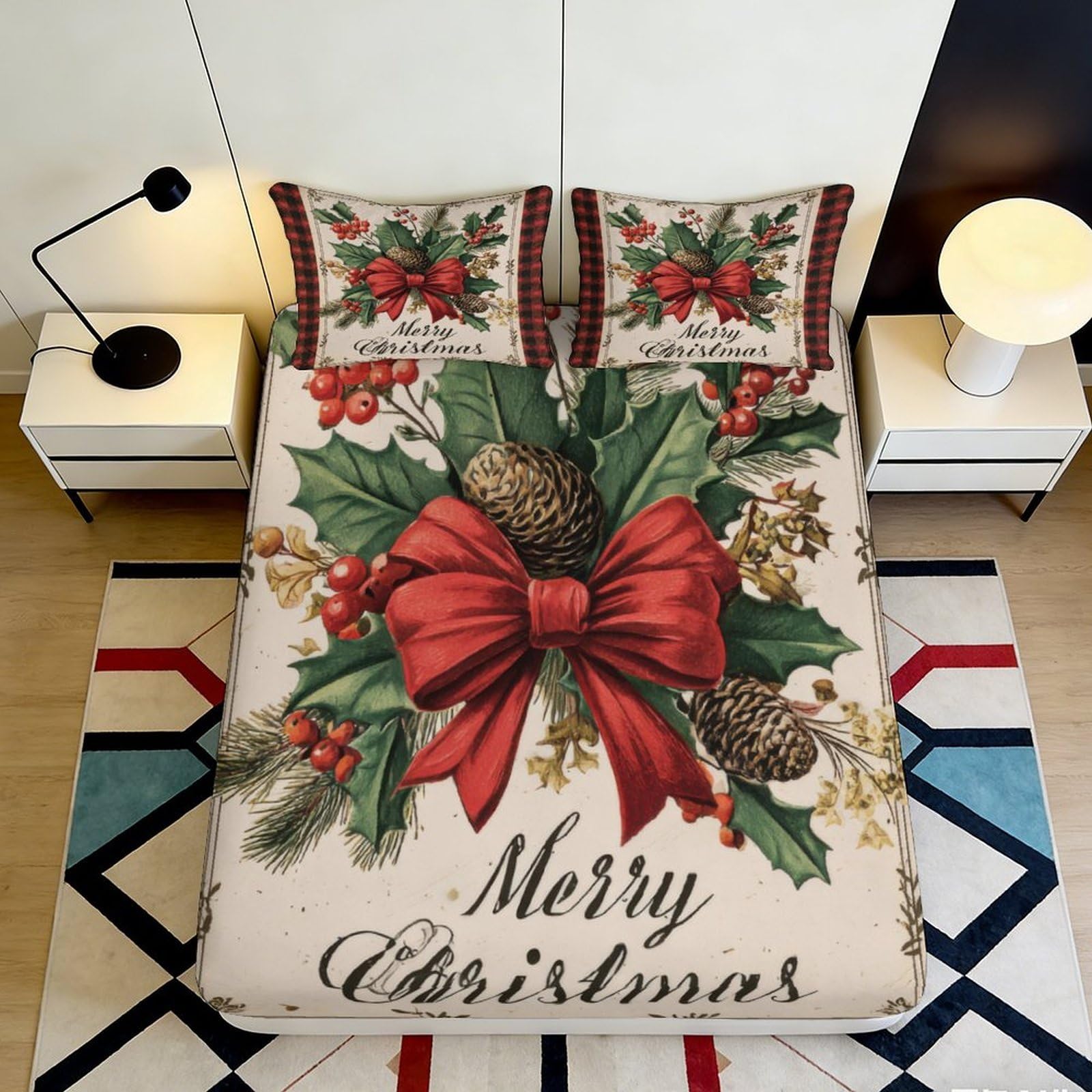 Pnayamiorkfel Style-3 3D Printed Christmas Wreath Fitted Sheet Microfiber Bed Cover Holiday Red Bow Pinecone For Bedroom Guestroom 90X200x25cm