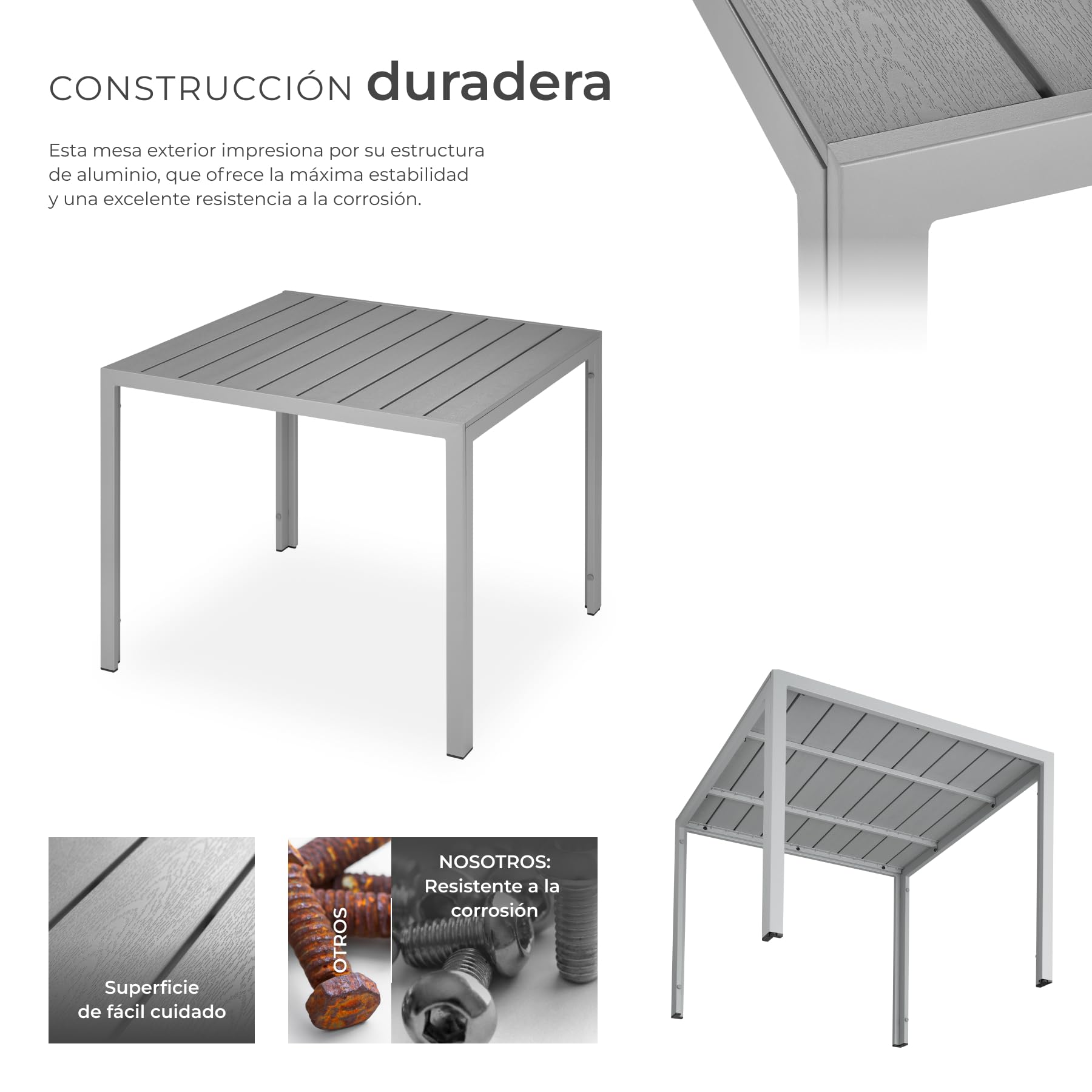 tectake® Mesa Jardín Exterior de Aluminio 90x90x74,5cm, Mesa Terraza, Patas Ajustables y con Topes, Mueble Jardín Resistente a Intemperie, Fácil Montaje - Plata