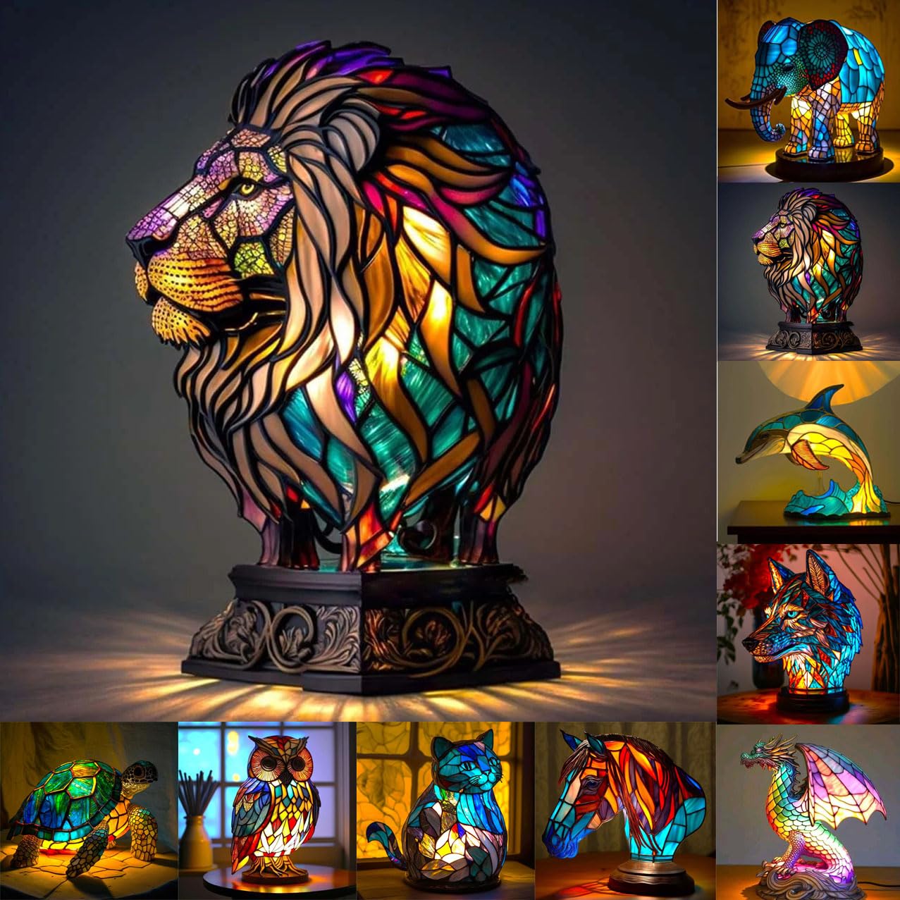 Retro Animal Style Stained Resin Series Table Lamp Home Decor Animal-Shape Night Light Bedside Desktop Lamp for Holiday Birthday Gift, Lion