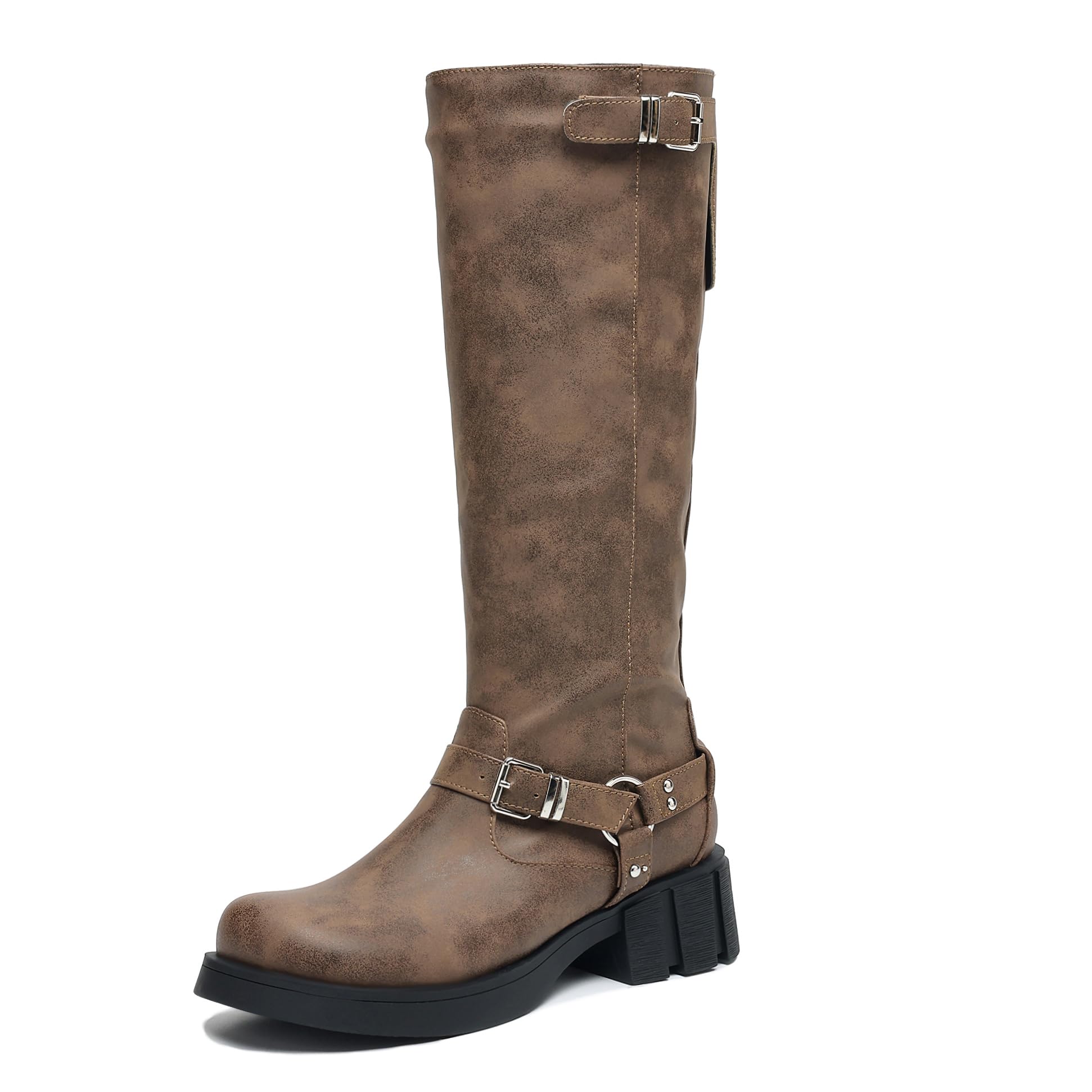 BEAUPAS Womens Knee High Motorcycle Boots Buckle Block Heel Combat Riding Boots