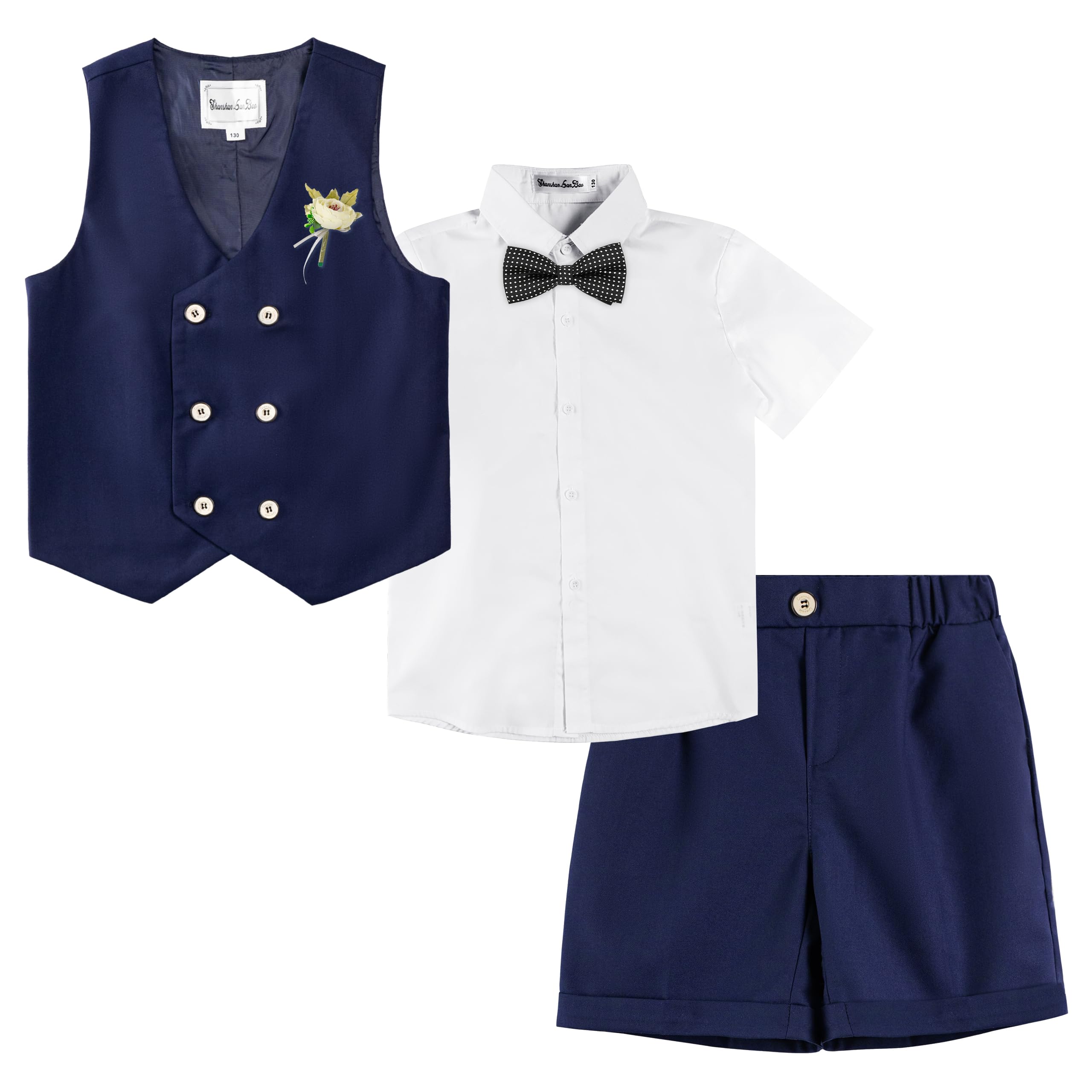 LOLANTA Traje de verano para niños, ropa de vestir para niños, camisa, chaleco, pantalones cortos, pajarita, chaleco, esmoquin, traje de portador de anillos de boda