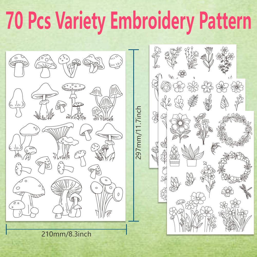 BEUNITONE 4PCS Plants Flowers Mushrooms Water Soluble Embroidery Stabilizers Water Soluble Stick and Stitch Embroidery Paper with Flowers Mushrooms Plants Pattern