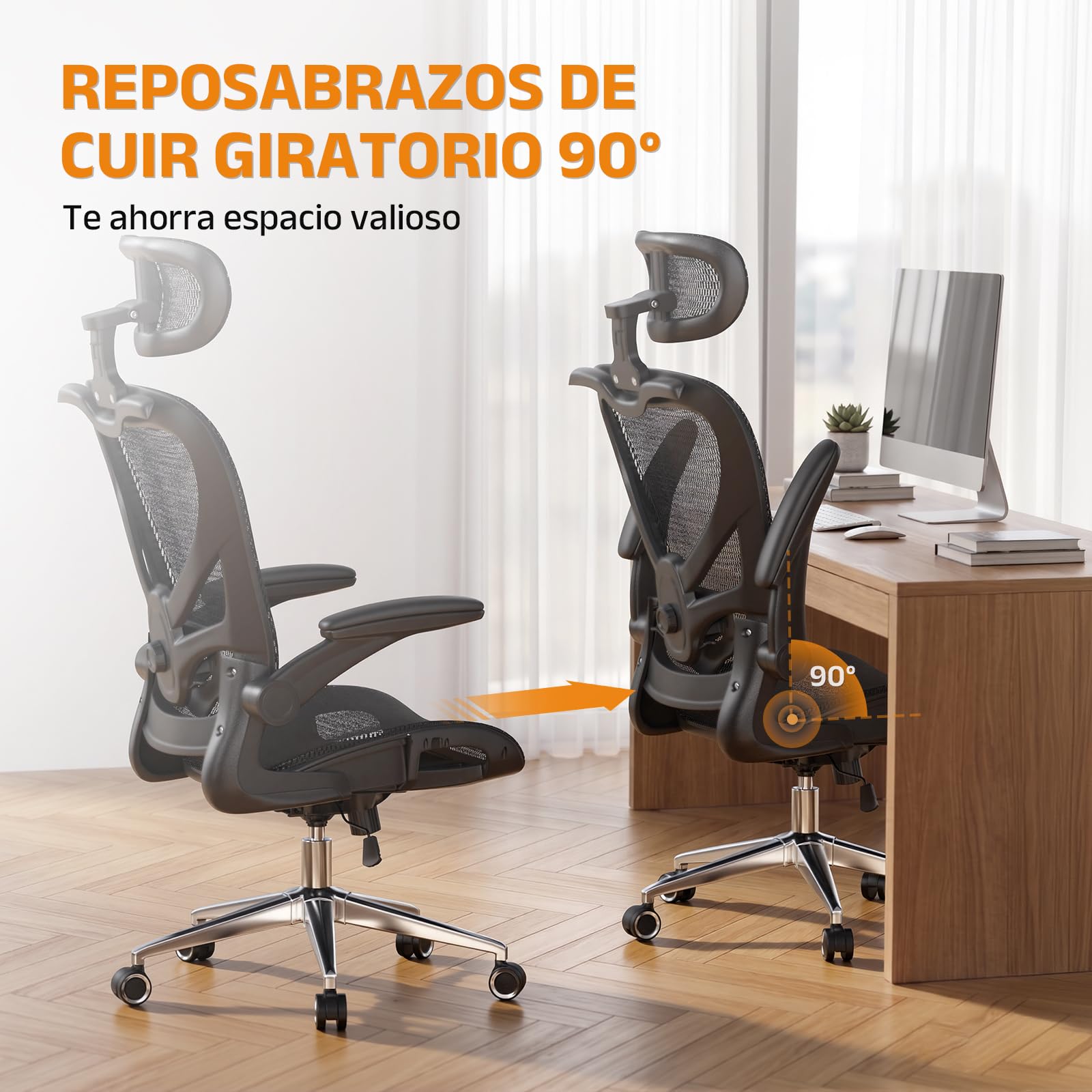 naspaluro Silla Ergonomica Escritorio Gaming, Silla de Oficina Negra, 150kg | Reposacabezas 3D, soporte lumbar 2D, reposabrazos abatibles, Tejido de malla resistente y duradero, base de hierro robusta