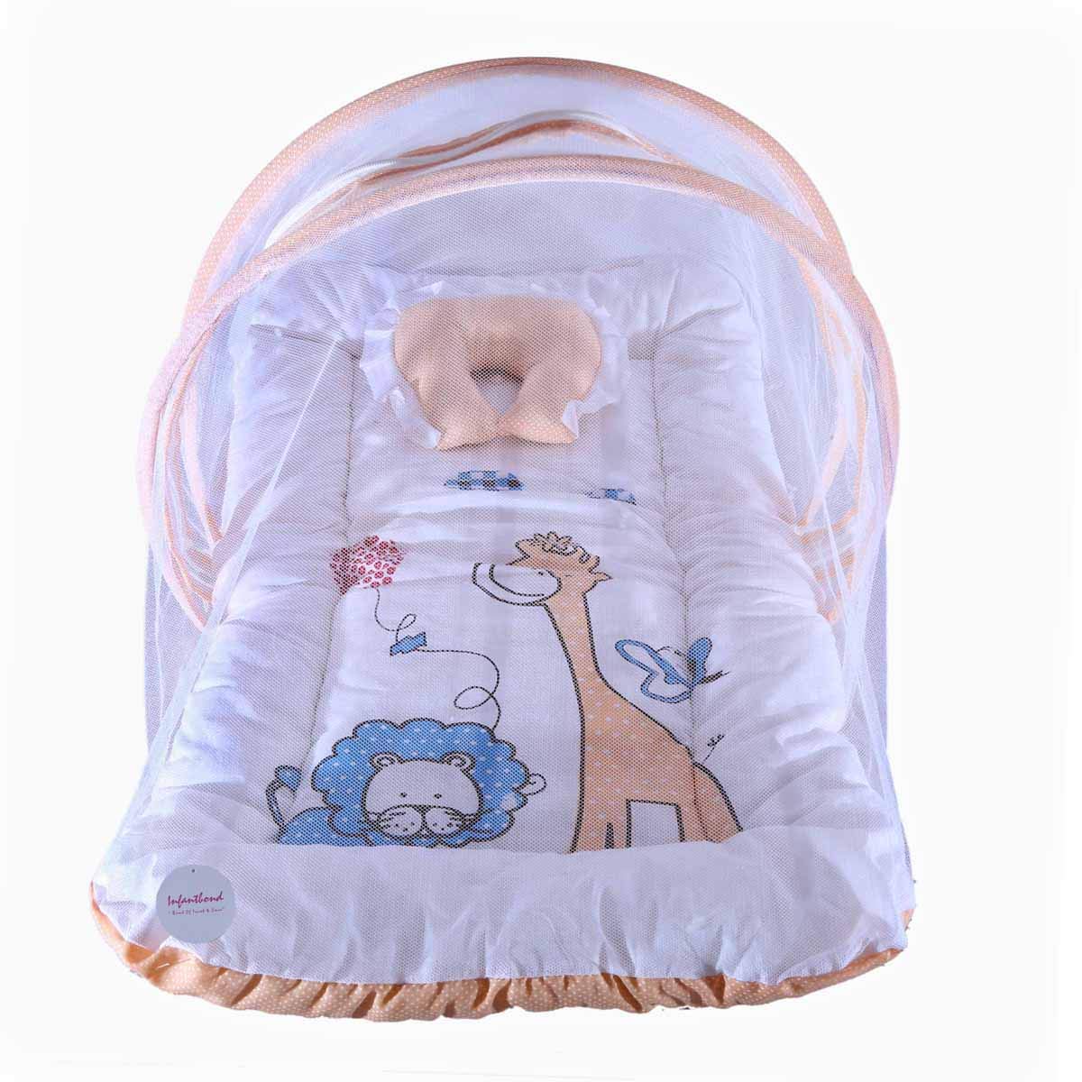 Infantbond Baby Folding Digital Print Mattress with Mosquito Net(0-6 Months)(Size: L-32Inchs, B-19Inchs) (Peach)